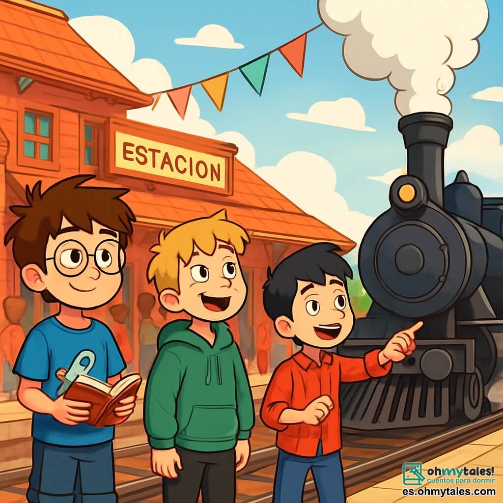 Hay 3 personajes: - Mateo: un niño de 11 años, con cabello castaño despeinado y gafas redondas. Lleva una camiseta azul con un dibujo de cohete y un pantalón corto de mezclilla. Está de pie a la izquierda, sosteniendo un pequeño libro en sus manos. - Iker: un niño de 11 años, con cabello rubio y pecas en la nariz. Lleva una sudadera verde y un pantalón negro. Está en el centro, mirando al cielo con una sonrisa maravillada. - Rafi: un niño de 11 años, con cabello negro y ojos brillantes. Lleva una camisa de cuadros rojos y unos jeans. Está a la derecha, señalando un viejo tren que llega a la estación. La escena se desarrolla en una estación de tren animada, con edificios de ladrillo rojo y letreros de madera. Banderas coloridas ondean al viento y la gente se agolpa en el andén. Un tren de vapor, con humo blanco saliendo de su chimenea, se acerca lentamente, creando una atmósfera festiva y emocionante. La situación principal muestra a los tres amigos, maravillados, listos para abordar el tren que los llevará en una aventura a través del tiempo. Se intercambian miradas cómplices, ansiosos por descubrir lo que el futuro les depara.