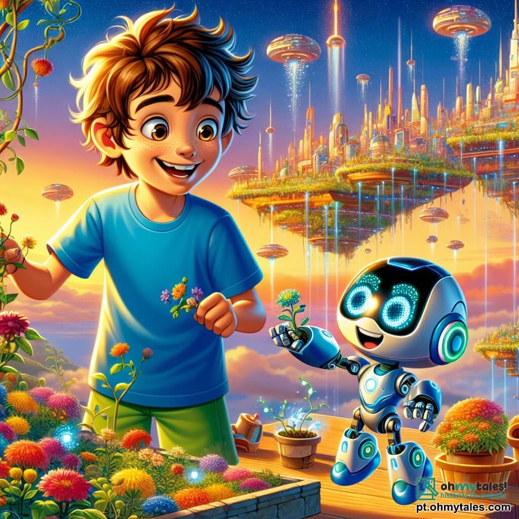 Um menino de 10 anos, chamado Luca, com cabelos castanhos bagunçados e olhos brilhantes de curiosidade, está em pé em uma plataforma de jardim flutuante. Ele usa uma camiseta azul vibrante e um short verde, exibindo um grande sorriso maravilhado. Ao seu lado, um robô chamado Zig, com uma aparência metálica brilhante e luzes piscantes em seu corpo, parece alegre e grato, com seus olhos luminosos brilhando de entusiasmo. O jardim flutuante está cheio de plantas coloridas com flores vibrantes, flutuando suavemente no ar, cercado por edifícios futuristas com fachadas cintilantes e veículos voadores deslizando pelo céu azul. A cena é banhada por uma luz dourada do sol poente, criando uma atmosfera mágica e acolhedora. Luca e Zig trabalham juntos para ajustar um sistema de jardinagem, Luca segurando uma pequena ferramenta enquanto Zig usa seus braços mecânicos para consertar um sensor. Eles estão concentrados e felizes, compartilhando um momento de amizade e descoberta nesta cidade futurista.