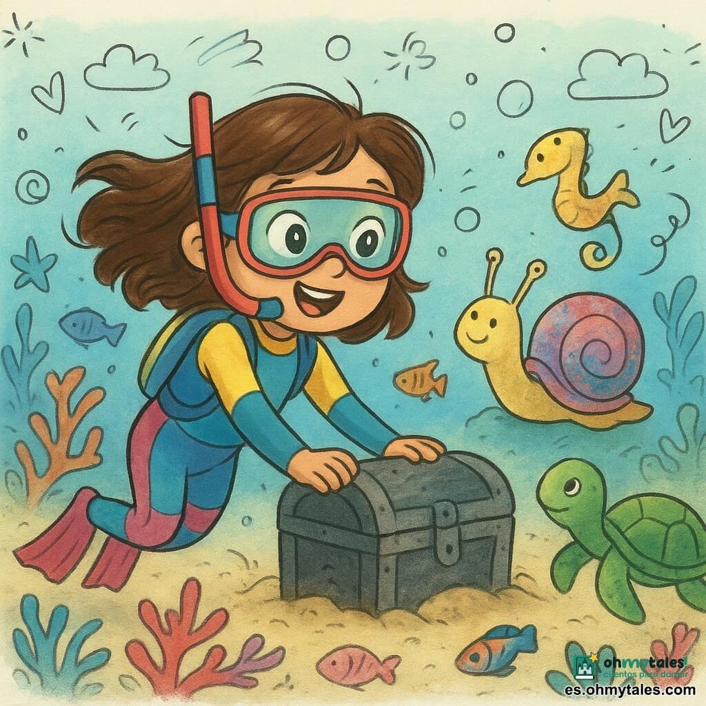 Una niña de 6 años, Lucía, con el cabello castaño flotando a su alrededor, lleva un traje de buceo colorido. Tiene una mirada maravillada y una gran sonrisa mientras flota bajo el agua. A su lado, un pequeño caracol brillante llamado Caracolito, con una concha irisada, parece hablarle. Un poco más lejos, una tortuga verde llamada Tula nada lentamente, con sus ojos benevolentes fijos en Lucía. Un caballito de mar amarillo, Rayito, gira alegremente a su alrededor. El lugar es un mundo submarino luminoso, con corales multicolores y peces de escamas brillantes. La situación principal muestra a Lucía y sus amigos submarinos empujando un pequeño cofrecito de hierro cubierto de arena, liberando así el paso para el agua clara y viva.