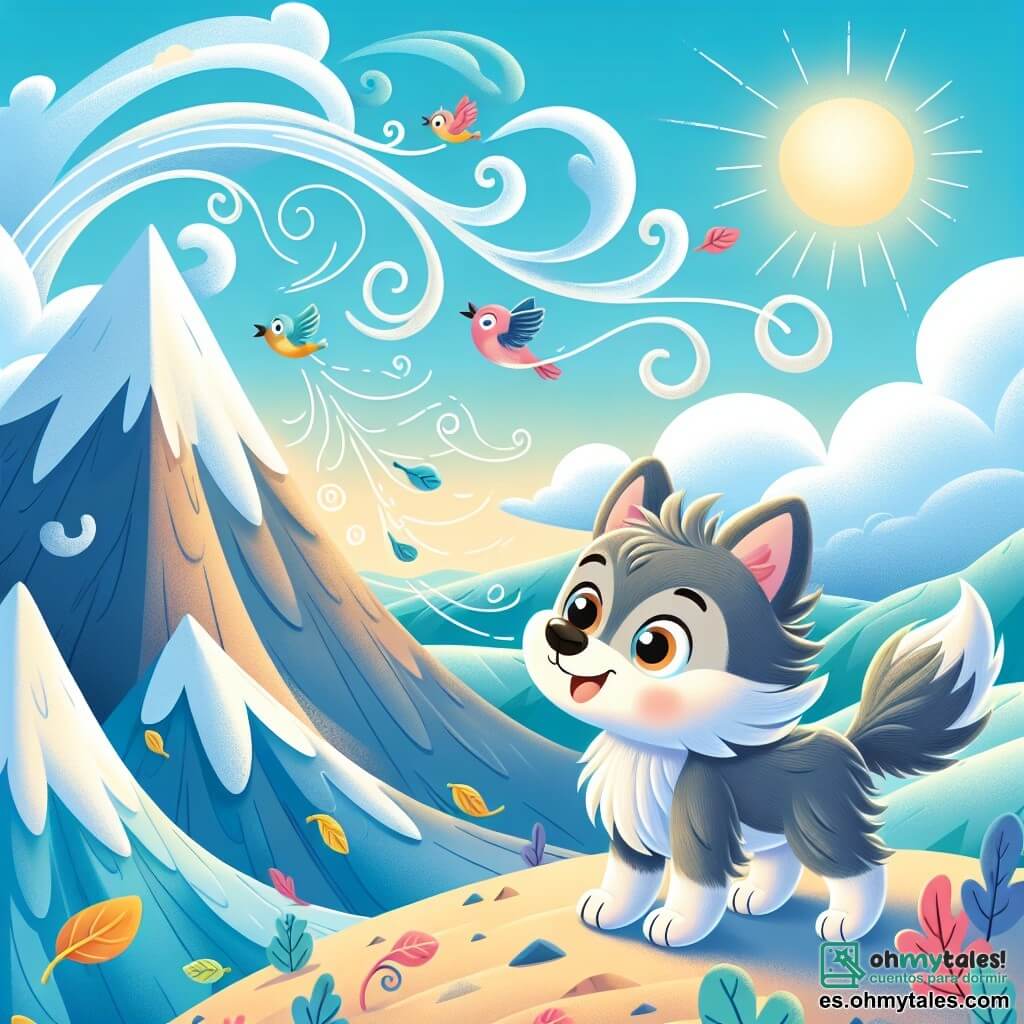 Un pequeño lobo llamado Lupo, con un suave pelaje gris y ojos brillantes de curiosidad, se encuentra en la cima de una montaña, el viento azotando su rostro alegre. Mira con determinación hacia la brisa ligera que danza a su alrededor, con las orejas erguidas y la cola moviéndose de emoción. A su lado, una brisa animada, representada por líneas ondulantes y hojas que giran, parece jugar con Lupo, ofreciéndole las canciones perdidas de los pájaros. El paisaje es majestuoso, con montañas de cumbres nevadas, un cielo azul brillante salpicado de nubes blancas esponjosas, y un sol radiante iluminando la escena. Lupo, lleno de valor, le pide a la brisa que le devuelva las canciones de los pájaros, creando una atmósfera de aventura y magia en este mundo encantador.