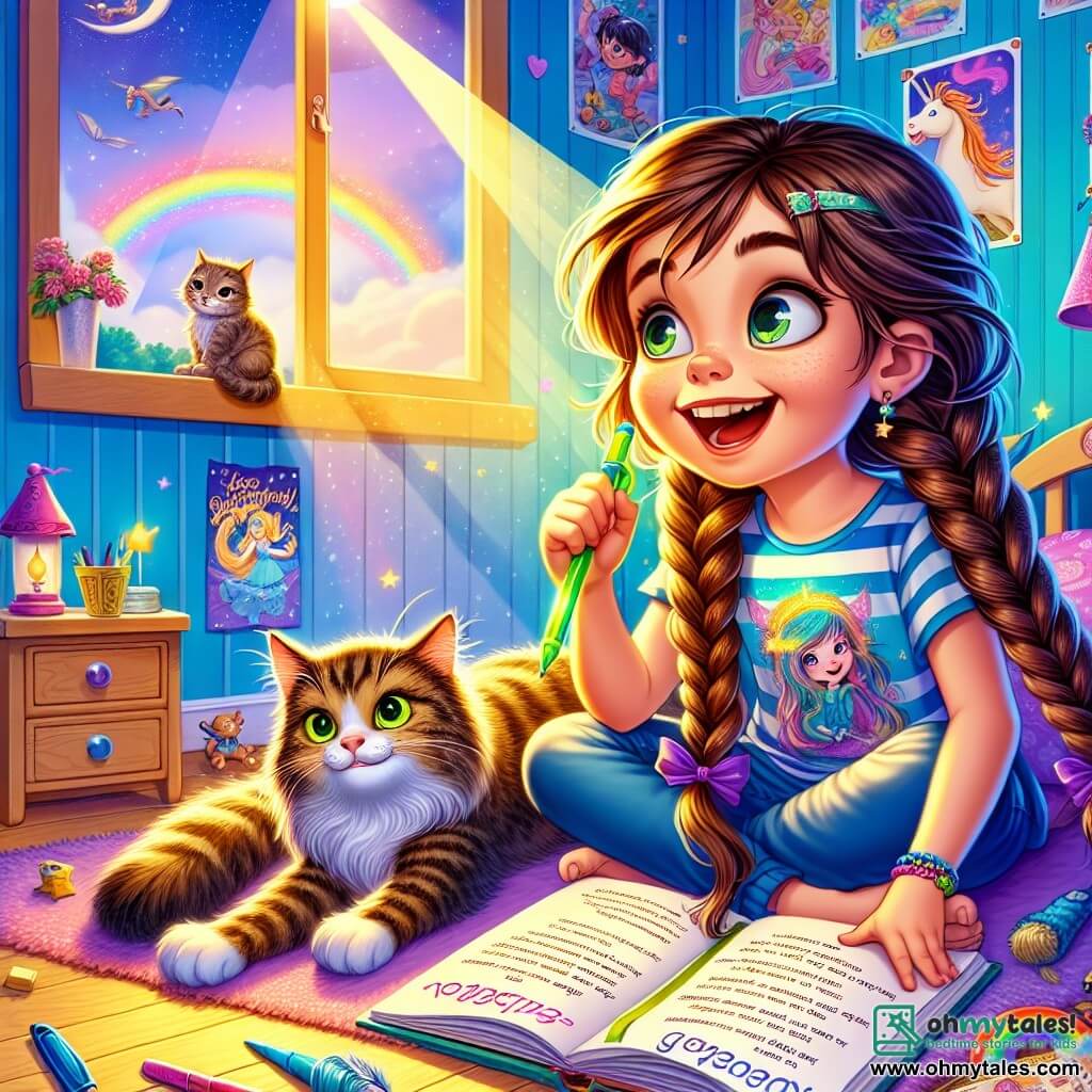 An 8-year-old girl, Mila, with long braided brown hair, sparkling curious eyes, and a big joyful smile, is sitting on her bed. She holds a bright green pen and looks at an open notebook, full of enthusiasm and imagination. Next to her, her cat, Whiskers, a big tabby with bright green eyes, lazily stretches on the bed as if he were the king of the room. The scene takes place in a colorful bedroom, with sky-blue walls, posters of dragons and unicorns, and toys scattered on the floor. A ray of sunshine lights up the room, creating a warm and magical atmosphere. Mila is thinking about a poem for Father's Day, surrounded by her toys, while a light breeze makes a colorful invitation float at the window, announcing the magical parade.