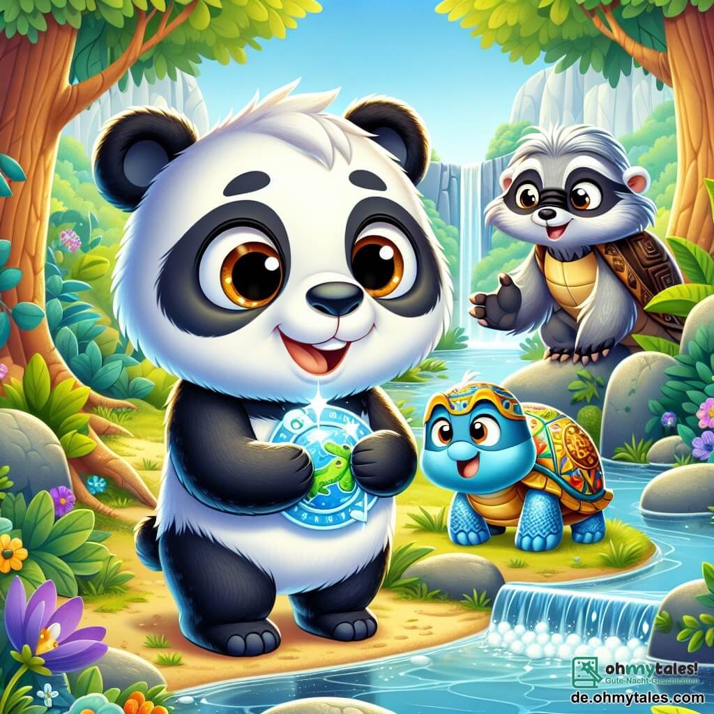 Ein kleiner Panda namens Piko mit glänzendem schwarz-weißem Fell, großen neugierigen Augen und einem fröhlichen Lächeln steht am Rand eines glitzernden Baches und hält eine glänzende blaue Karte in seinen kleinen Pfoten. Neben ihm lächelt eine weise alte Schildkröte namens Taro mit einem bunten Panzer und funkelnden Augen stolz auf Piko. Im Hintergrund erhebt sich ein alter Waschbär namens Rocco mit grauem Fell und traurigen Augen, dankbar mit einem großen Lächeln, während er die Arme nach seiner wertvollen wiedergefundenen Karte ausstreckt. Die Szene spielt in einem wunderschönen grünen Wald mit majestätischen Bäumen, bunten Blumen und einem klaren Bach, der den blauen Himmel widerspiegelt. Piko und Taro feiern die Entdeckung der verlorenen Karte, umgeben von der Schönheit der Natur, was Freundschaft und Abenteuer symbolisiert.