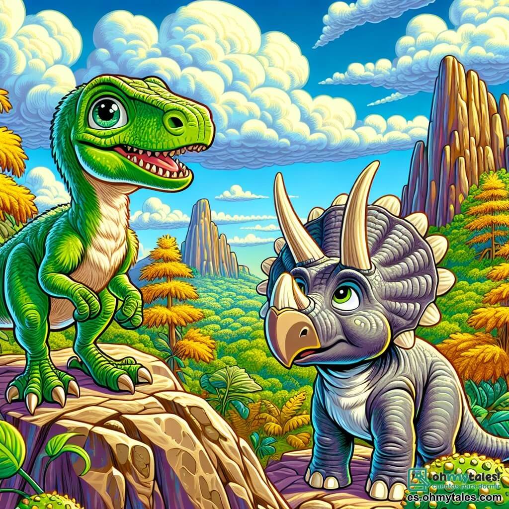 Un velociraptor de plumas verdes brillantes y ojos chispeantes de curiosidad se encuentra sobre una roca, con una mirada decidida y alegre, listo para ayudar a su amigo. A su lado, un joven triceratops de cuerpo robusto, con piel gris y cuernos blancos, muestra una expresión de preocupación pero también de gratitud, mientras se mantiene un poco atrás, observando al velociraptor con admiración. La escena tiene lugar en la Montaña Fósil, un paisaje majestuoso con acantilados empinados, árboles gigantes con hojas doradas y fósiles visibles en las rocas, bajo un cielo azul salpicado de nubes esponjosas. En esta situación, el velociraptor y el triceratops trabajan juntos para despejar rocas que bloquean el camino, simbolizando su nueva amistad y su espíritu de colaboración en una emocionante aventura.