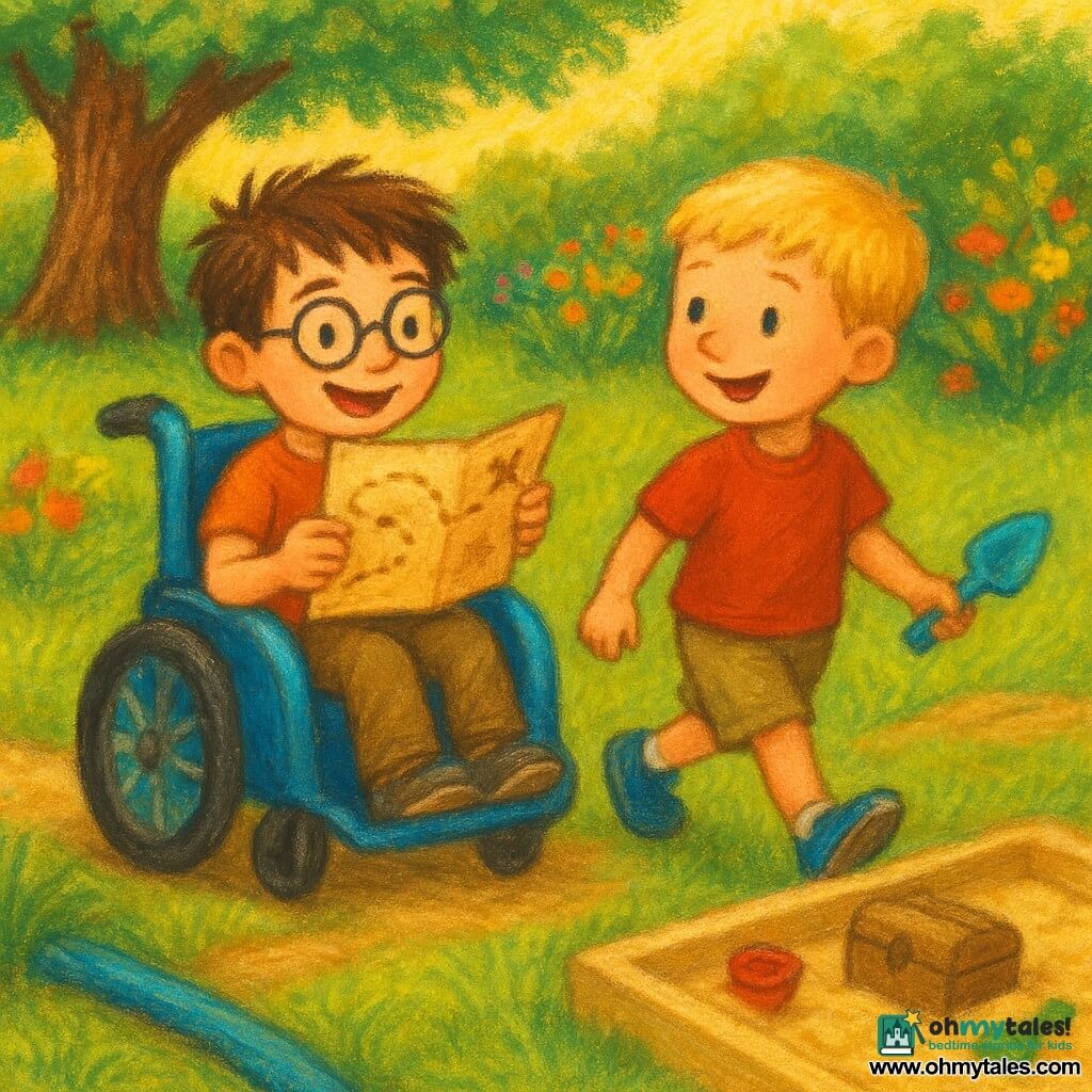 Two boys: a smiling 7-year-old with messy brown hair and round glasses sits in a shiny blue wheelchair like a small car on the left, holding an old treasure map; a 6-year-old blond in a red T‑shirt and khaki shorts trots beside the wheelchair on the right, holding a small plastic shovel and looking at the map. Sunny, lush garden with thick green grass, a large oak, a wooden plank over a blue hose as a bridge, flower beds and a beige sandbox with scattered toys. They’re on an imagined treasure hunt, crossing the plank over the “river,” laughing with amazed expressions; a small wooden box is half-buried in the sandbox, joyful adventurous mood, warm colors and soft pastel textures.