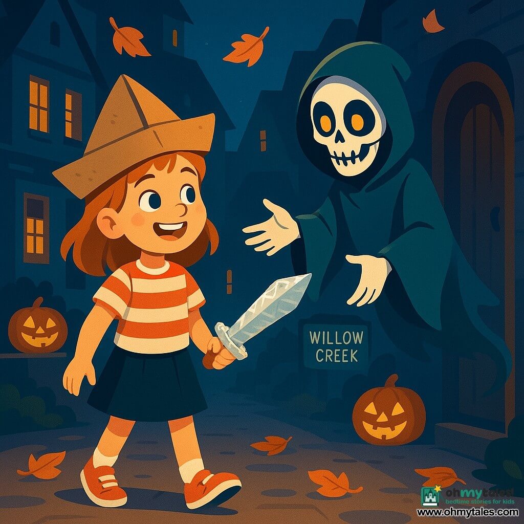 An 8-year-old girl named Lily stands in the center of the image, wearing a homemade pirate costume, with a cardboard hat and a foil sword. Her face is lit up by a radiant smile, her eyes shining with excitement and boldness. Next to her is the Ghost of Halloween Past, a mysterious character with a skeleton-painted face and glowing eyes, floating slightly above the ground, arms stretched towards Lily, inviting her to follow.

The setting is a dark, enchanted street in the town of Willow Creek, lined with old houses with windows illuminated by carved pumpkins glowing in the night. Autumn leaves swirl around them, adding a touch of magic to the atmosphere.

The main scene shows Lily, full of courage, ready to enter a mysterious door at the end of the path, while the ghost watches her with a benevolent expression. The image captures the essence of Halloween adventure, blending thrills and wonder in a dark yet festive ambiance.