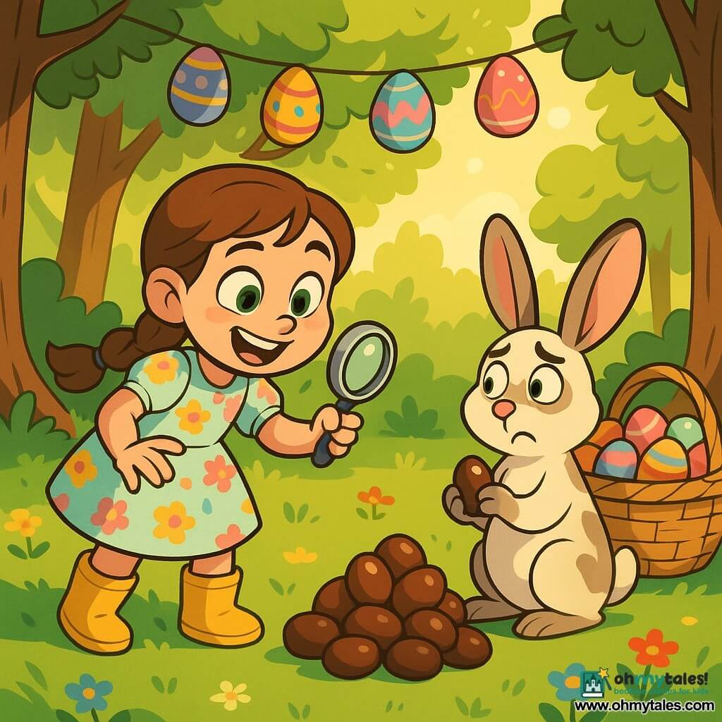 An 8-year-old mischievous girl with braided brown hair and bright green eyes in a pastel floral dress and yellow boots holds a silver magnifying glass and reaches toward a pile of chocolates; a guilty-looking white rabbit with large pink ears and brown spots stands by an overflowing basket of chocolate eggs holding a small shiny egg; the bright forest glade has green grass dotted with flowers, painted egg garlands on branches and golden sunbeams—tender, funny Easter scene with vivid colors, strong contrasts and soft, shiny cel-shaded textures.