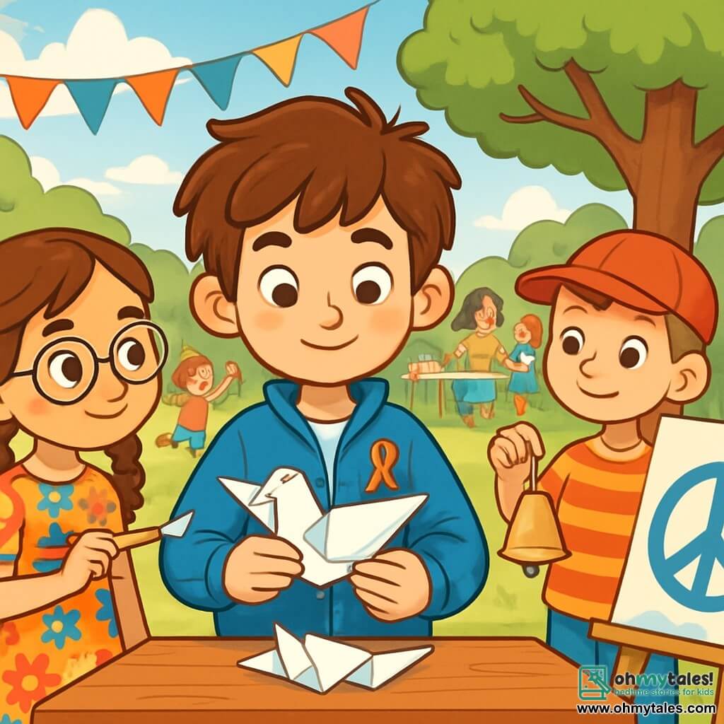 An 8-year-old boy, Leo, with messy brown hair and sparkling curious eyes, stands at the center of a lively scene. His face shows gentle determination, and he wears a blue jacket with a small ribbon attached to his pocket. He is folding a piece of paper into the shape of a dove, a symbol of peace, with a light smile. Next to him, Maya, a 7-year-old girl with braided hair and round glasses, watches Leo attentively. She is wearing a colorful flower dress and holding a paintbrush, ready to paint a large peace-themed mural. Further away, Sam, an 8-year-old boy in a red cap and striped t-shirt, looks on with admiration, holding a paper bell he made. The scene takes place in a vibrant park filled with colorful streamers in the air, tables covered with food and games, and a large oak tree providing shade. Children are playing around, laughing and having fun, while adults chat joyfully. The main situation shows Leo, Maya, and Sam collaborating to create symbols of peace, surrounded by a joyful atmosphere and a united community, illustrating the importance of friendship and solidarity in the face of challenges.