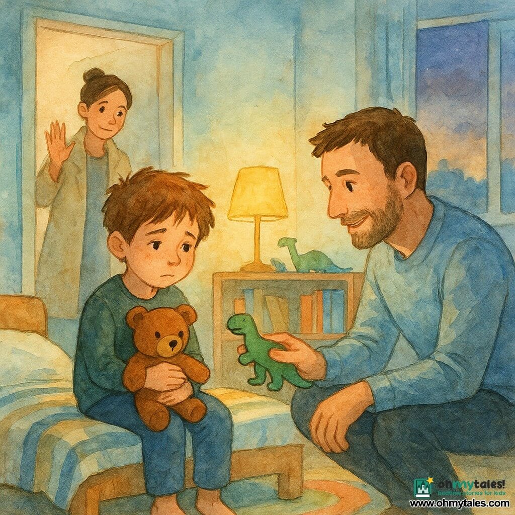 An 8-year-old boy with tousled brown hair, a round freckled face and a gentle, slightly melancholic expression hugs his brown teddy at the edge of a striped bed while a smiling bearded man in his late 30s crouches at the right offering a wooden dinosaur puzzle piece and a woman in her mid-30s with her hair in a bun stands in the left doorway waving reassuringly as if leaving. Cozy apartment corner with a warm lamp, low bookshelf of books and toy dinosaurs, a round colorful rug and a twilight window; watercolor-like soft textures and blurred edges convey a calm, reassuring goodbye in pastel tones (blue-gray, soft yellow, sage green) expressing tenderness and safety.