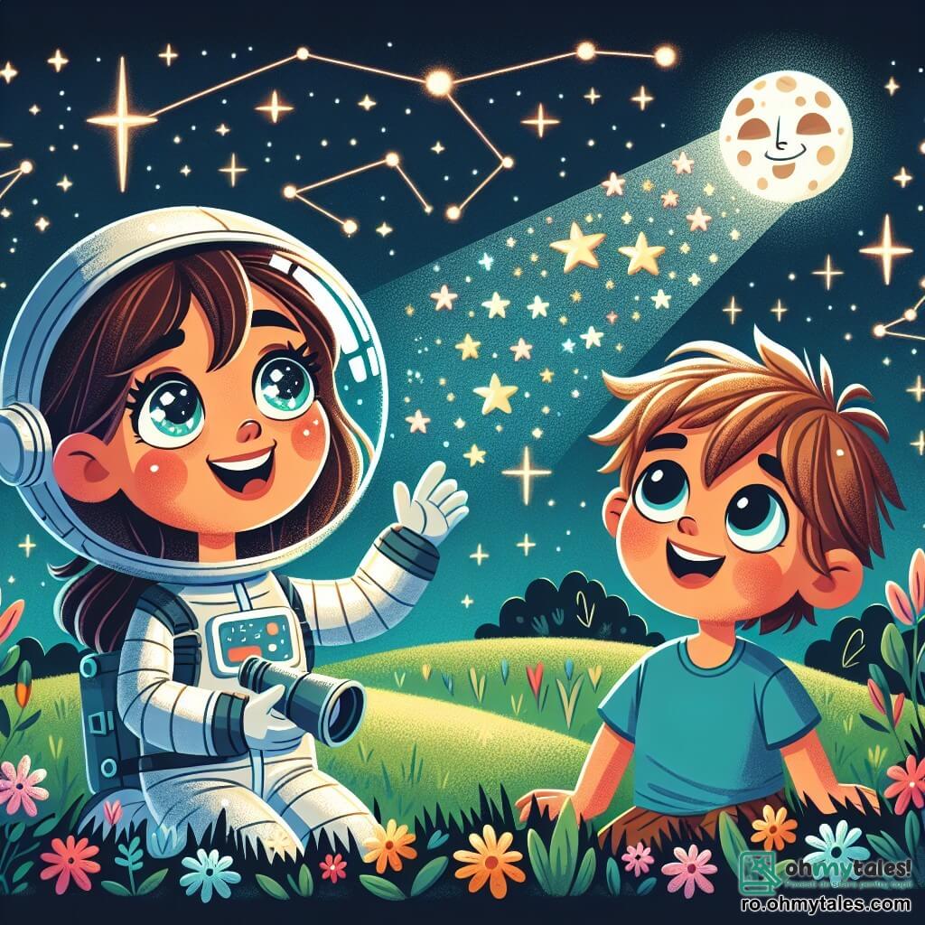 O femeie astronaută numită Ana, cu părul brunet și ochii strălucitori, poartă un costum spațial argintiu și zâmbește cu uimire în timp ce privește stelele scintilante din cerul nocturn. Lângă ea, un băiat de 8 ani numit Luca, cu părul blond zbârlit și un tricou albastru, o observă cu admirație, având ochii mari, ținând un mic telescop. Se află pe o colină verde, înconjurată de flori colorate, cu un cer înstelat în fundal, unde Luna strălucește intens. Ana și Luca numără stelele, visând împreună la călătorii interstelare, în timp ce constelații strălucitoare le luminează fețele uimite.