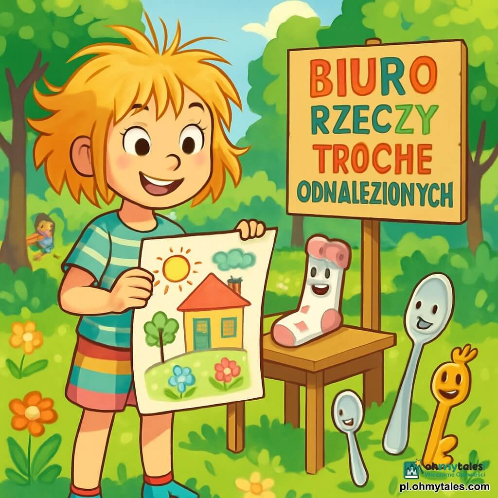 Dziewczynka w wieku 10 lat, Zosia, z rozwichrzonymi włosami jak złote źdźbła słomy, uśmiecha się z oczami pełnymi ciekawości. Ma na sobie w paski t-shirt i kolorowe szorty, trzyma dużą kartkę papieru z kolorowymi rysunkami. Obok niej leży samotna skarpetka w małe serduszka, która wydaje się jej uważnie słuchać, postawiona na małym drewnianym stole. Miejsce to słoneczny park, pełen bujnej zieleni, z drzewami o błyszczących liściach i kolorowymi kwiatami tańczącymi na wietrze. W tle dzieci bawią się na huśtawkach, a duży kartonowy znak informuje "Biuro Rzeczy Trochę Odnalezionych" kolorowymi literami. Główna sytuacja pokazuje Zosię organizującą spotkanie rzeczy zagubionych, otoczoną różnymi animowanymi przedmiotami, takimi jak łyżeczka błyszcząca w słońcu i klucz radośnie się poruszający. Atmosfera jest radosna i absurdalna, pełna śmiechu i żywych kolorów.
