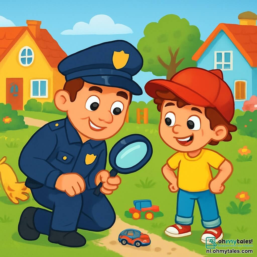 Een mannelijke politieagent, genaamd agent Bas, glimlachend en zelfverzekerd, draagt een donkerblauw uniform en een pet. Hij is geknield en onderzoekt de grond met een vergrootglas, zijn ogen sprankelend van nieuwsgierigheid. Naast hem staat Sam, een jongen van ongeveer 8 jaar, met een grote rode pet en rommelig bruin haar. Hij kijkt aandachtig naar agent Bas, met zijn handen op zijn heupen, vol enthousiasme. De scène speelt zich af in een rustige woonwijk met kleurrijke huizen, bloeiende tuinen en weelderige bomen. Een klein hondje speelt in het gras in de buurt, wat leven aan de omgeving toevoegt. De hoofd situatie toont agent Bas en Sam die een onderzoek doen naar de mysterieuze verdwenen speelgoedauto. Ze speuren de grond af, omringd door verspreide speeltjes, met vastberaden uitdrukkingen op hun gezichten, klaar om het mysterie samen op te lossen.