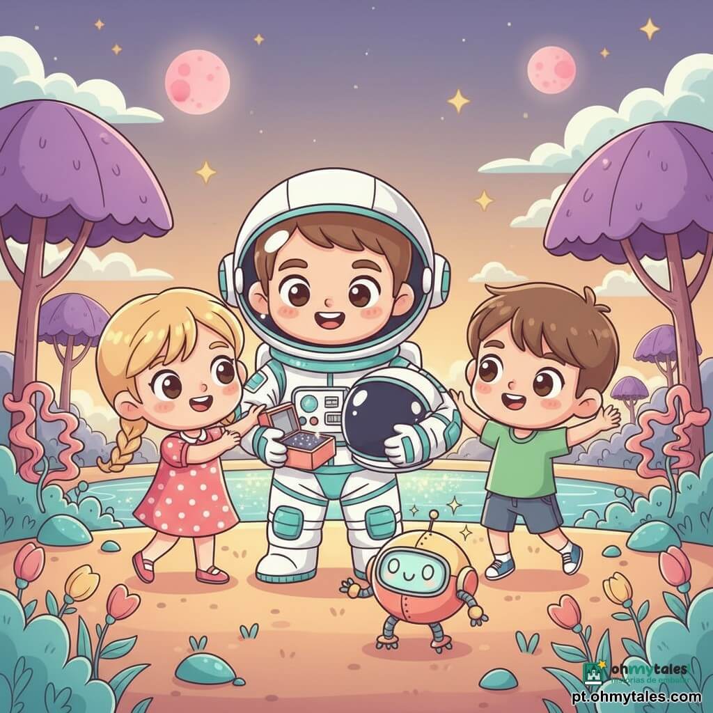Um astronauta sorridente e maravilhado, capacete debaixo do braço e traje espacial branco com toques azul-turquesa, mostra uma caixinha aberta com poeira lunar cintilante; à esquerda Lia, cerca de 7–8 anos, cabelos loiros em rabo de cavalo duplo e vestido rosa de bolinhas, estende as mãos; à direita Tomás, cerca de 7–8 anos, cabelo castanho curto e camiseta verde, pula de alegria; o pequeno robô Zippy, metal pastel coral e amarelo com formas arredondadas e LEDs piscantes, dança junto aos pés do astronauta; cenário: planeta Luzinha de cores vivas — árvores violeta em forma de guarda-chuva, flores em fitas, lago brilhante cor de diamante, pequenas rochas turquesa, céu crepuscular com duas luas rosas e estrelas douradas; encontro caloroso à beira do lago, atmosfera mágica, cores saturadas, luz suave e reflexos cintilantes, composição centrada e alegre.