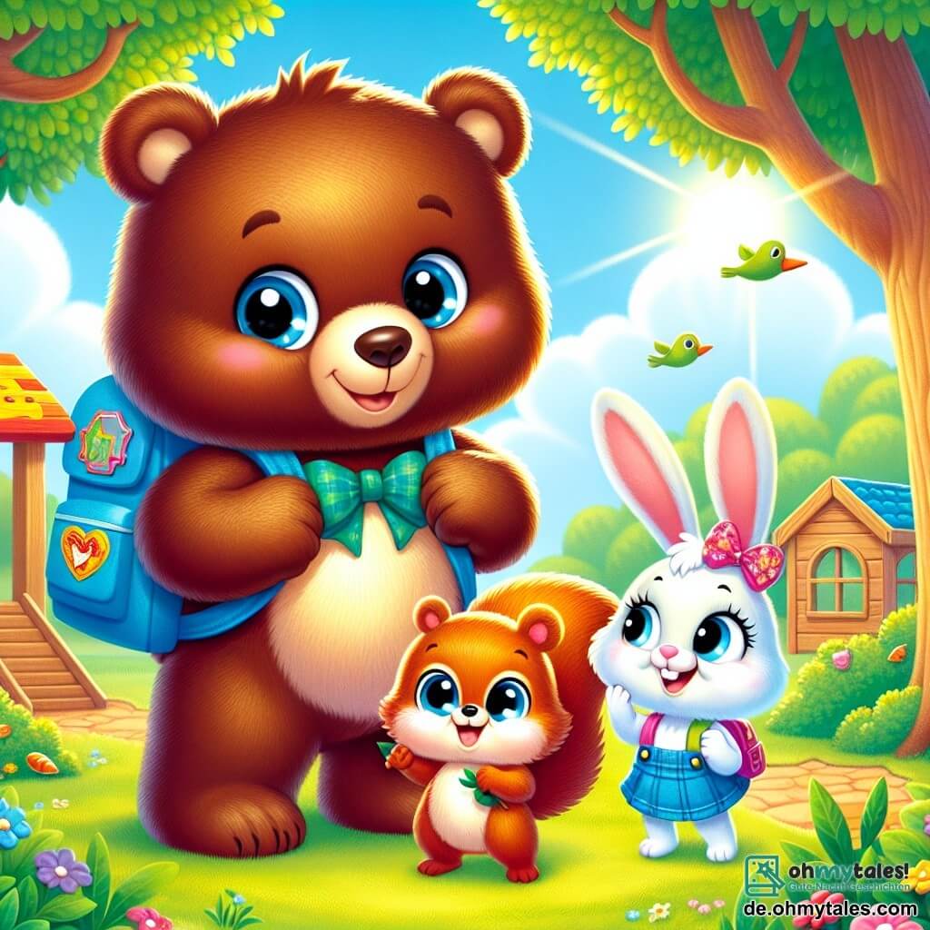 Ein großer brauner Bär mit weichem, glänzendem Fell und einem fröhlichen, enthusiastischen Ausdruck steht im Mittelpunkt der Szene und hält einen kleinen blauen Rucksack mit bunten Aufnähern. Er lächelt breit, seine Augen strahlen vor Glück, während er neugierig um sich schaut. Rechts von ihm springt ein kleiner, lebhafter, roter Eichhörnchen auf einem Ast, eine kleine Blätter in seinen Pfoten haltend. Links von ihm steht ein niedlicher weißer Hase mit großen Ohren, der lächelt und einen kleinen Freudesprung macht, während er einen bunten Bleistift in seinen Vorderpfoten hält. Die Szene spielt auf einem sonnigen Schulhof, umgeben von grünen Bäumen und bunten Blumen. Im Hintergrund sind Holzspielgeräte zu sehen und Vögel singen in den Ästen. Die drei Freunde treffen sich an ihrem ersten Schultag, lachen und spielen, voller Aufregung über das Beginnen dieses neuen Abenteuers.