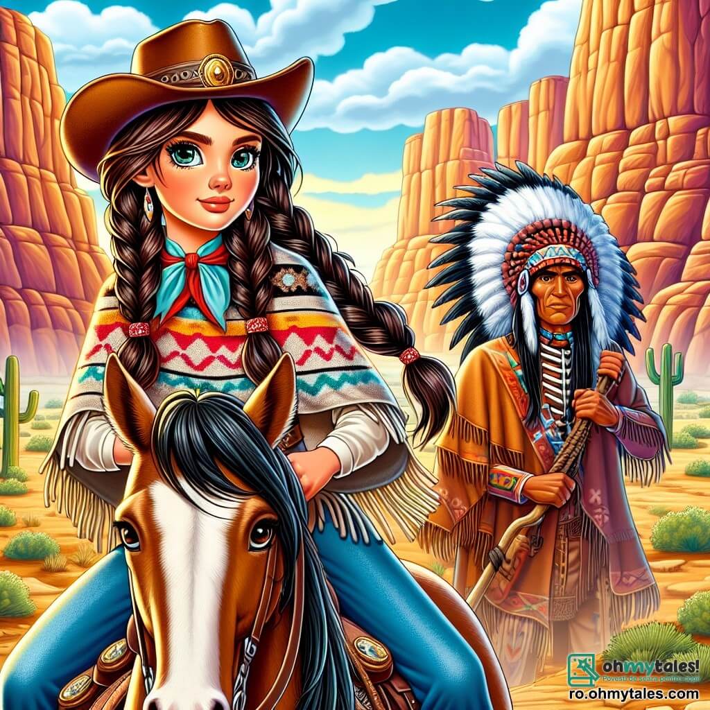 În prim-plan, Jessie Grant, o cow-girl curajoasă de 18 ani, stă mândră pe calul ei, Storm. Are părul lung și împletit, ochii strălucitori de determinare și poartă o pălărie de cowboy împodobită cu o pană. Expresia ei arată o mare încredere în timp ce scrutează orizontul, pregătită să înfrunte aventura. Lângă ea, Vulturul Îndrăzneț, un bărbat indian Apache de aproximativ 50 de ani, stă cu o postură măreață. Are părul lung și negru, pielea bronzată și poartă un poncho tradițional cu motive colorate. Se uită la Jessie cu respect, ținând o lance într-o mână, pregătit să o ajute în căutarea ei. Decorul este un vast canion deșertic, cu stânci roșii care se ridică măreț sub un cer albastru strălucitor. Solul este presărat cu cactuși și arbuști uscați, în timp ce soarele începe să apună, proiectând umbre lungi și aurii asupra peisajului. Situația principală arată cum Jessie și Vulturul Îndrăzneț se pregătesc să înfrunte banda Umbrele Deșertului, cu o atmosferă de tensiune și excitație palpabilă. Jessie, hotărâtă, ridică mâna pentru a-i semnaliza lui Vulturul Îndrăzneț să rămână vigilent, în timp ce vântul îi ridică ușor pălăria.