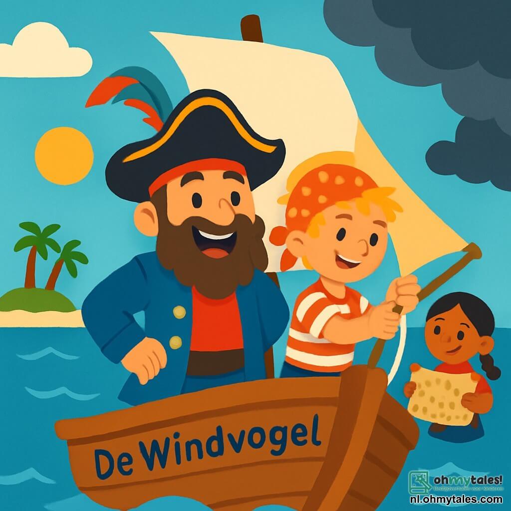 Een man, Kapitein Bas, staat trots op het dek van zijn schip, De Windvogel. Hij heeft een grote bruine baard en draagt een piratenhoed met een kleurrijke veer. Zijn gezicht straalt vreugde en opwinding uit, met sprankelende ogen die onder de zon glinsteren. Naast hem past een jonge matroos van 10 jaar, met rommelig blond haar, de zeilen aan. Hij draagt een gestreept vest en een rode bandana. Vol energie glimlacht hij en kijkt met bewondering naar de kapitein. Achter hen houdt een andere matroos, een meisje van 8 jaar met zwarte vlechten, een schatkaart vast. Ze heeft een vastberaden blik en staat op de boeg van het schip, klaar om de bemanning naar avontuur te leiden. Het schip vaart op een heldere blauwe zee, met glinsterende golven onder een zonnige lucht met enkele witte wolken. In de verte tekent zich een groen eiland af, omringd door palmbomen. De hoofdscène toont Kapitein Bas en zijn blije bemanning, klaar om een storm te trotseren, terwijl ze samen zingen om de moraal hoog te houden, terwijl donkere wolken zich aan de horizon verzamelen.