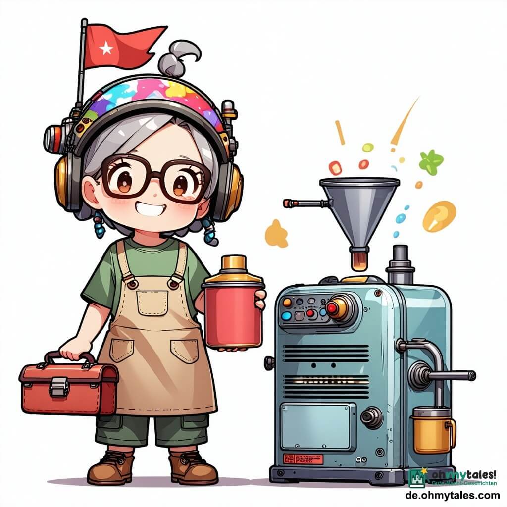 Lächelnde, konzentrierte Erfinderin mit grauem, lockerem Dutt und schief sitzenden runden Brillen, beige, farbfleckige Schürze, trägt einen selbstgebastelten Toaster-Helm mit kleinem roten Fähnchen, einer Mini-Trompete und großem Metalltrichter; sie hält behutsam eine bunte Brotdose und justiert den Helm, links steht Malik, 12, kurz braunes Haar, grünes T‑Shirt und Cargohose, lacht und hält eine glänzende Brotdose wie einen kleinen Helm, verschmitzter Blick zur Frau, die getigerte Katze Zwirn mit halb geschlossenen Augen schnuppert auf der Werkbank an einem alten Wecker neben Werkzeugen, Schauplatz ein sonniger Park mit grüner Wiese, rot-weiß karierter Decke, Weidenkörben, Bäumen und Wiesenblumen, im Hintergrund Nachbarn auf Bänken, fröhliche, leicht chaotische Demonstration des blinkenden, sprechenden Bastelhelms mit Mini-Fanfare, schiefem Fähnchen und schwebenden Noten, freundliche Atmosphäre, lebhafte Farben, weiche Konturen und überzeichnet niedliche Ausdrücke.