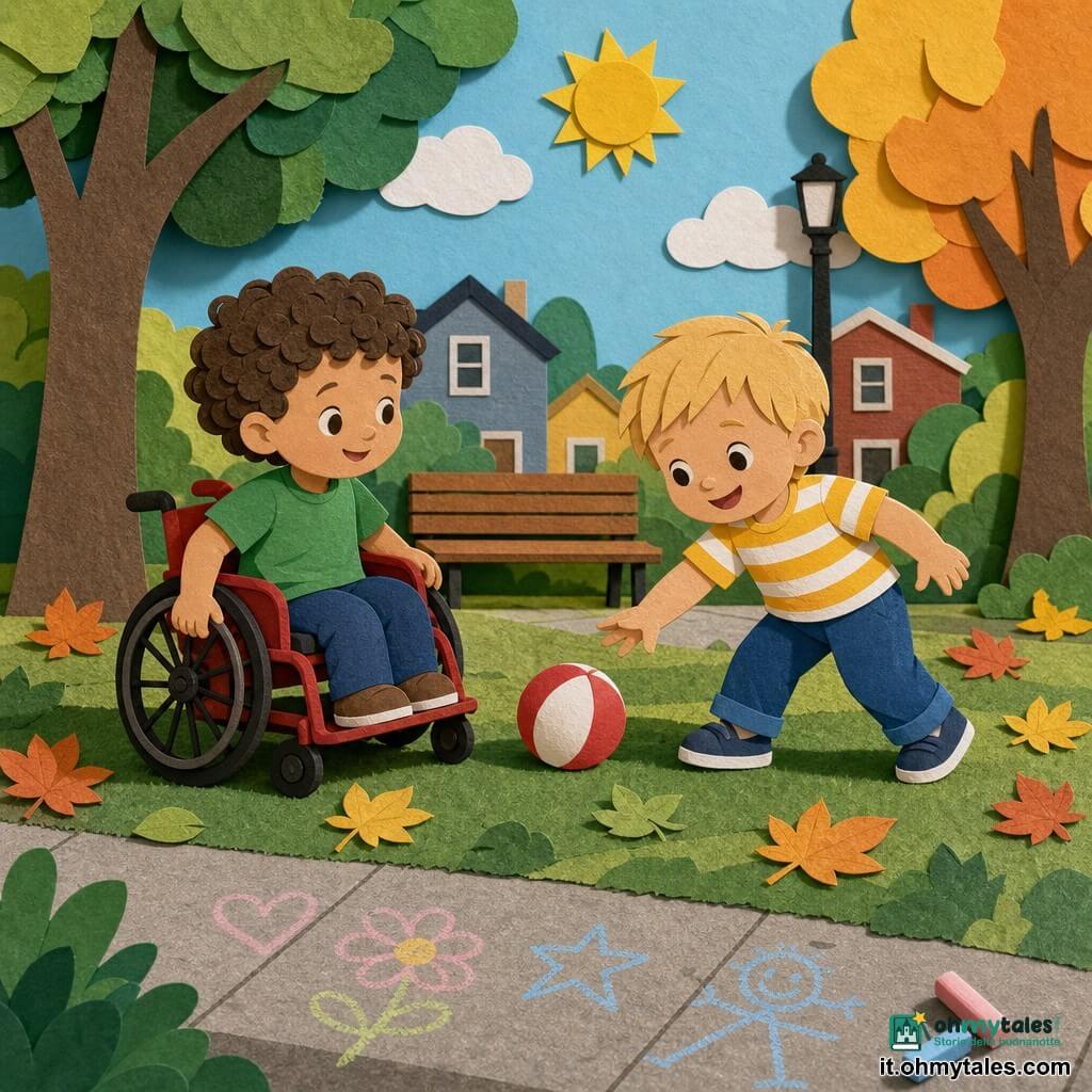 Due bambini di 3 anni: Luca, biondo con t‑shirt gialla a righe e pantaloni blu, in piedi a destra sorridente che tende la mano verso una palla bianca e rossa sull’erba; Nino, moro riccio con t‑shirt verde, seduto a sinistra sulla piccola sedia a rotelle rossa con ruote nere che fa girare delicatamente una ruota mentre guarda Luca, in un parco di quartiere al mattino con prato verde dall’aspetto di carta ritagliata, una panchina di legno sullo sfondo, foglie autunnali arancioni e gialle sparse, un marciapiede con disegni a gesso rosa e blu, luce morbida e ombre lunghe; atmosfera calma e gioiosa, gesti teneri, sorrisi, composizione centrata, colori vivaci e forme semplici.