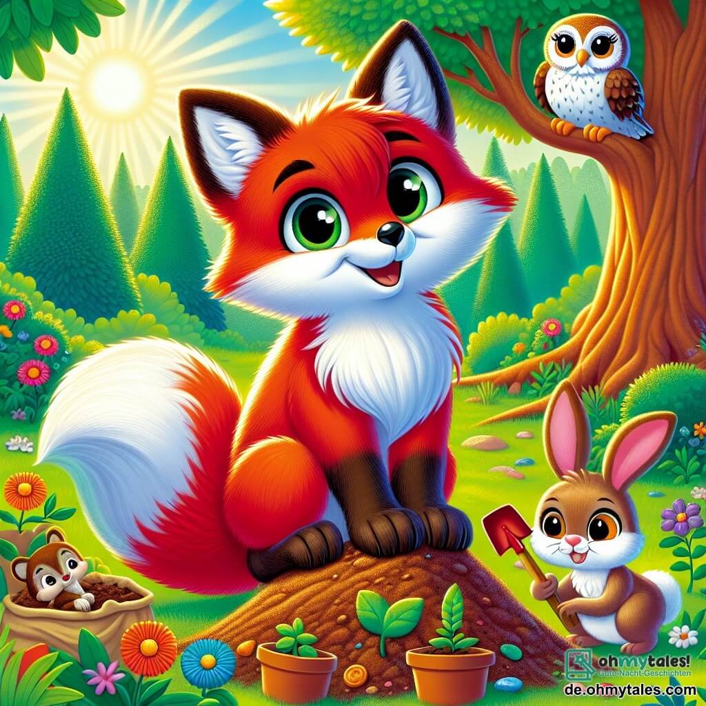 Ein roter Fuchs namens Felix steht auf einem kleinen Hügel, seine Augen glänzend und neugierig, mit einem entschlossenen Lächeln im Gesicht. Sein Fell ist strahlend und sein buschiger Schwanz weht leicht im Wind. Neben ihm sitzt eine weise Eule, Emma, mit weißen und braunen Federn, die auf einem Ast sitzt und Felix ermutigend und intelligent ansieht. Ein kleiner Hase, Max, mit großen Ohren und weichem Fell, sitzt neben Felix, seine Augen funkeln vor Aufregung, während er eine kleine Schaufel in seinen Pfoten hält. Die Szenerie ist eine grüne Lichtung, umgeben von majestätischen Bäumen mit leuchtend grünen Blättern und bunten Blumen auf dem Boden. Sonnenstrahlen brechen durch die Äste und schaffen eine warme und fröhliche Atmosphäre. Die Szene zeigt Felix und seine Freunde, die junge Bäume pflanzen, mit Erdsäcken und Werkzeugen um sie herum, was ihr Engagement zum Schutz ihres geliebten Waldes symbolisiert.