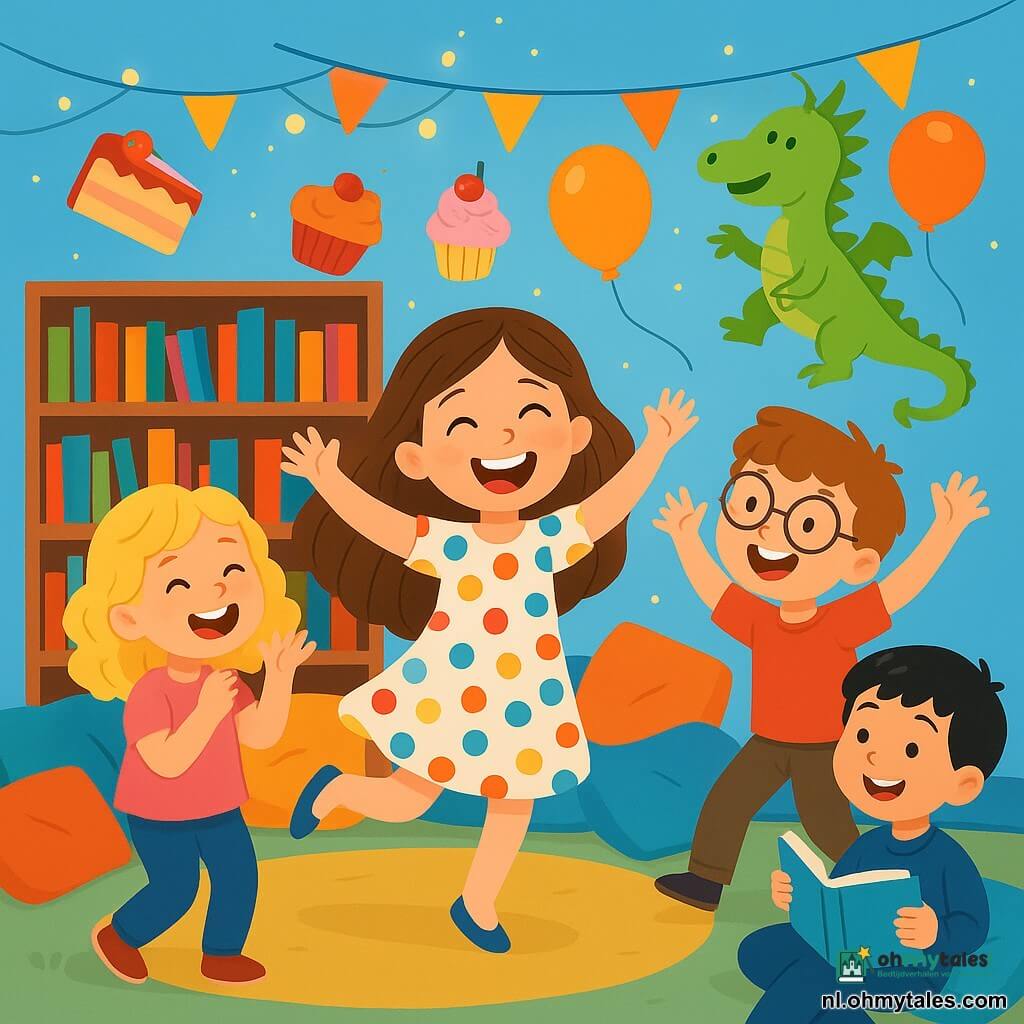Een meisje van 6 jaar, Lotte, met lange bruine haren en sprankelende ogen, danst vrolijk in het midden van een kamer vol kleurrijke kussens en boeken. Ze draagt een multicolore stippenjurk en haar grote glimlach straalt van opwinding. Naast haar lacht Roos, een 6-jarig meisje met gouden krullen en een roze t-shirt, terwijl ze grappige gebaren maakt. Bram, een 6-jarige jongen met kastanjebruin haar en een bril, imiteert een onhandige dans met zijn armen in de lucht. Max, een 6-jarige jongen met zwart haar en een blauwe trui, kijkt lachend toe met een open boek in zijn handen. De scène speelt zich af in een knusse leeshoek met lichtblauwe muren en planken vol kleurrijke boeken. Boven hen twinkelen lichtslingers, wat een warme en magische sfeer creëert. De kinderen vieren een groot imaginaire feest met een draak in hun verhaal, dansend en lachend samen, omringd door zwevende ballonnen en kleurrijke taarten die om hen heen lijken te vliegen.