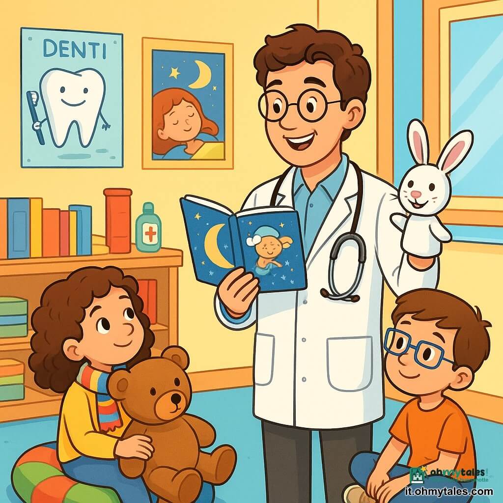 Un uomo, il dottor Luca, è in piedi nel suo studio medico, con un sorriso caloroso e rassicurante. Ha i capelli castani leggermente ondulati, indossa un camice bianco impeccabile e occhiali rotondi. Tiene uno stetoscopio in una mano e un libro di medicina per bambini nell'altra, guardando con benevolenza un gruppo di bambini. Sofia, una bambina di 7 anni con capelli ricci e una sciarpa a righe, è seduta su un cuscino colorato, abbracciando il suo grande orso di peluche. Guarda il dottore con curiosità, gli occhi brillanti d'interesse. Tommaso, un ragazzo di 6 anni con occhiali quadrati, è accanto a lei, seduto con le gambe incrociate, ascoltando attentamente e sorridendo leggermente. Lo studio è pieno di colori vivaci, con poster di cartoni animati sulla salute appesi alle pareti. Una grande finestra lascia entrare la luce del sole, illuminando scaffali pieni di libri e giocattoli medici. Il dottor Luca spiega ai bambini l'importanza del sonno e della salute, utilizzando marionette e illustrazioni divertenti per catturare la loro attenzione. I bambini sono affascinati, ridendo e ponendo domande, creando un'atmosfera gioiosa ed educativa.