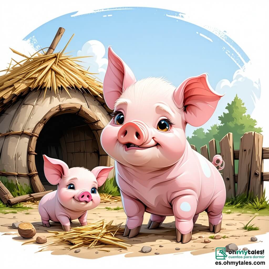 En primer plano, el pequeño cerdo Pablo, un joven cerdito rosa con grandes ojos redondos y una sonrisa traviesa, se encuentra frente a su casa de paja. Parece preocupado pero decidido, con las orejas levantadas, listo para defender su hogar del lobo. A su lado, su hermana Pía, una pequeña cerdita de pelaje rosa con manchas blancas, está pintando flores coloridas en la fachada de su casa de ladrillos. Tiene un aire concentrado y alegre, con un pequeño delantal de pintura. En el fondo, se ve a Pedro, el hermano mayor, un cerdo más robusto con una gorra de paja, que observa la escena con una mirada seria. Está cerca de su casa de madera, que es robusta y acogedora, con ventanas decoradas. El escenario se desarrolla en un claro soleado, rodeado de árboles verdes y un cielo azul claro, donde las casas de los tres cerditos están alineadas. Flores coloridas y mariposas revolotean alrededor, añadiendo un toque de magia al entorno. La situación principal muestra a Pablo, Pía y Pedro unidos, preparándose para enfrentar al lobo que se acerca, con expresiones de valentía y determinación en sus rostros, ilustrando así la importancia de la solidaridad y el coraje frente a los desafíos.