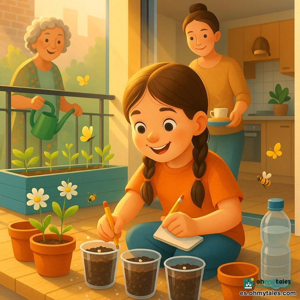 Niña de 6 años, entusiasmada y concentrada, con largas trenzas castañas, sentada en el borde de un balcón soleado plantando tres semillas en vasos transparentes con tierra, sosteniendo una pequeña libreta blanca y un lápiz amarillo; detrás, su madre de unos 30 años con el cabello recogido en un moño prepara una bandeja con una taza de té y tostadas, mirándola con cariño; a la izquierda, una vecina mayor de unos 70 años, pelo canoso rizado y vestido de flores, sonríe con un regador verde junto a los jardineros de madera pintados en azul y verde; balcón urbano luminoso con suelo de madera clara, macetas de barro, botellas de agua y luz dorada de primavera, gotas de agua en la tierra y una abeja con dos pequeños mariposas amarillas revoloteando.