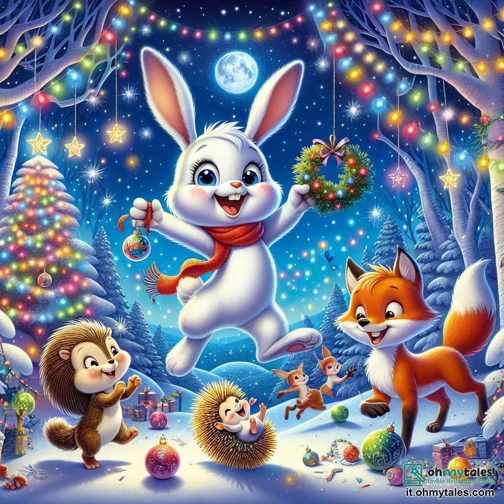 Al centro dell'immagine, un piccolo coniglio bianco di nome Bianchino, con un pelo splendente come la neve, esprime grande gioia. Le sue orecchie lunghe sono in piedi e salta con entusiasmo, circondato da ghirlande luminose e decorazioni colorate. Alla sua destra, una elegante volpe dal pelo rosso, con occhi scintillanti di malizia, danza felicemente tenendo una palla di Natale luccicante. Sorride, piena di energia e felicità, mentre si diverte ad abbellire l'albero di Natale. A sinistra, un piccolo riccio con aculei dorati, con un'aria birichina, rotola nella neve, creando fiocchi scintillanti intorno a lui. Il suo viso è illuminato da un ampio sorriso, mostrando che si sta divertendo molto. Lo sfondo è una foresta incantata, dove gli alberi sono coperti di neve scintillante e adornati di luci multicolori. Il cielo è di un blu profondo, punteggiato di stelle brillanti e di una luna argentata che illumina la scena magica. La situazione principale mostra Bianchino e i suoi amici intenti a preparare una grande festa di Natale, pieni di gioia ed eccitazione, uniti in un momento di felicità condivisa nel cuore della foresta.