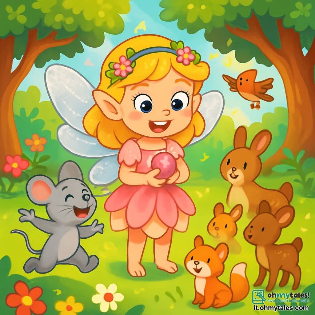 Una bella fata di nome Lucilla, con ali d'argento scintillanti e un sorriso radioso, si trova al centro di una radura soleggiata. Indossa un vestito fatto di petali di rosa dai colori pastello, e i suoi occhi brillano di eccitazione e determinazione. Accanto a lei, un piccolo topolino dalle grandi orecchie, con pelo grigio e occhi scintillanti, salta di gioia, ritrovando la sua mamma. È molto eccitato, con un sorriso splendente sul volto. Il luogo è una radura incantata, circondata da alberi maestosi con tronchi nodosi, e fiori colorati che danzano al vento. I raggi di sole filtrano tra le foglie, creando riflessi di luce dorata sul terreno. La scena principale mostra Lucilla che tiene la Pietra della Gioia, un piccolo cristallo rosa brillante, mentre tutti gli animali del bosco si radunano intorno a lei, celebrando il ritorno della gioia nel loro mondo magico.