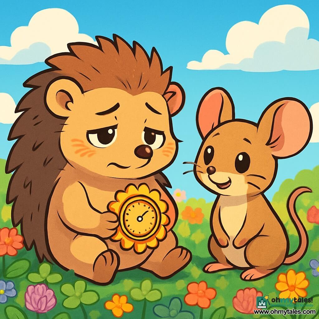 Milo, a hedgehog with soft spines and sparkling eyes, is sitting in a field of colorful flowers, looking thoughtful and a bit tired, with a slight smile on his face. He holds a small sunflower-shaped timer in his paws, shining in the sun. Next to him, Pippa, a small mouse with big ears and light brown fur, looks at Milo with compassionate eyes, her little paws resting on the grass, ready to encourage him. She smiles warmly, showing she is there to support her friend. The setting is a beautiful clover field dotted with brightly colored wildflowers under a bright blue sky, with fluffy clouds gently floating by. The main scene shows Milo and Pippa taking a break together, enjoying the sweet scent of the flowers while discussing the importance of resting and taking care of oneself, surrounded by the soothing beauty of nature.