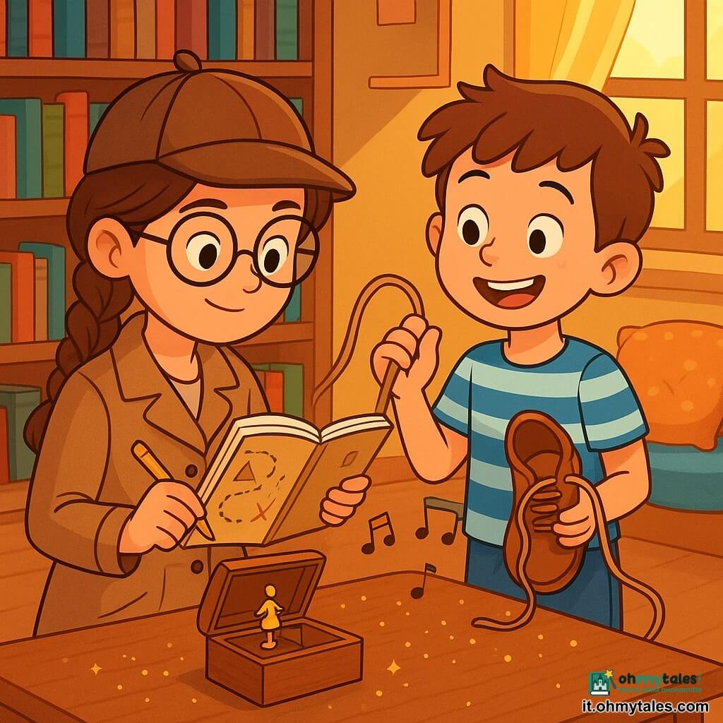 Una giovane detective, Nora, una ragazza di circa 10 anni con capelli castani intrecciati e occhiali rotondi, osserva attentamente una mappa nel suo taccuino. Il suo viso è concentrato, con occhi brillanti di curiosità e un leggero sorriso di soddisfazione. Accanto a lei, un ragazzo di 9 anni, con una maglietta a righe e un grande sorriso, tiene un laccio di scarpa, apparendo un po' imbarazzato mentre si scusa per il disordine causato. Lo sfondo è una biblioteca accogliente, con scaffali pieni di libri colorati, cuscini morbidi sul pavimento e una grande finestra che lascia entrare la luce dorata del sole. Su un tavolo, un carillon di legno è aperto, con note musicali che fluttuano intorno e brillantini sparsi sulla superficie. La situazione principale mostra Nora mentre risolve il mistero della scomparsa del carillon, circondata da indizi scintillanti e compagni curiosi, tutti catturati dall'indagine.