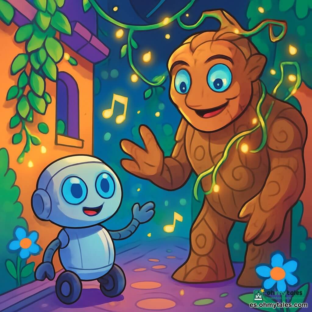 Pipí, un pequeño robot mensajero con ojos en forma de botones azules y una carrocería lisa y brillante, se encuentra en el centro del callejón. Se ve alegre y curioso, con una leve sonrisa en su rostro metálico. Sus pequeñas ruedas están en movimiento, listas para explorar. A su lado, Seré, un guardián viviente hecho de piedra y ramas, se mantiene majestuosamente. Sus ojos parecen estanques tranquilos y muestra una expresión dulce y benevolente. Está rodeado de lianas luminosas que brillan suavemente, creando una atmósfera mágica. El callejón es estrecho y colorido, con paredes cubiertas de plantas trepadoras en tonos vivos de verde y violeta. Luces brillantes flotan en el aire, y flores electrónicas emiten destellos de color. El suelo está pavimentado con piedras brillantes que reflejan la luz. En esta escena, Pipí y Seré conversan alegremente, rodeados de notas flotantes y pequeñas luces, simbolizando las historias y palabras intercambiadas. La atmósfera es cálida y acogedora, invitando a los transeúntes a detenerse y escuchar.