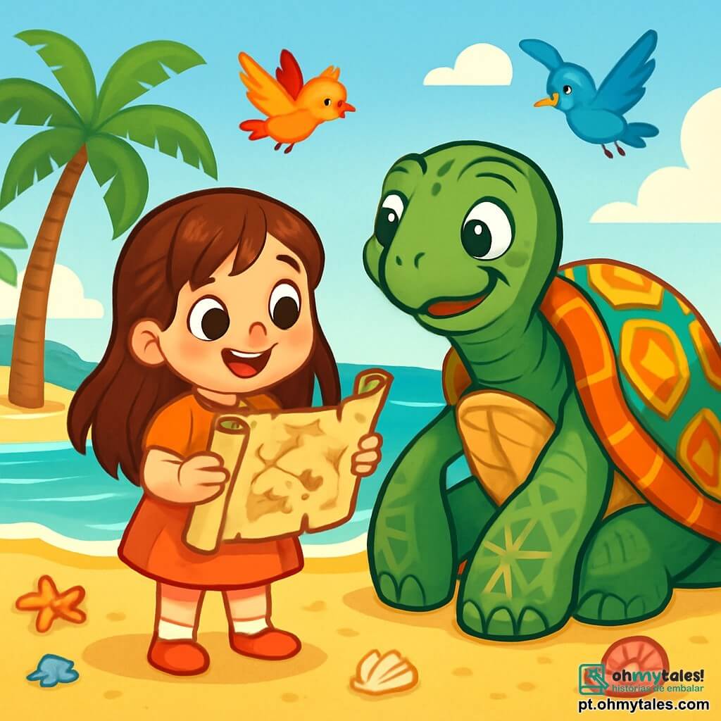 Uma menina de 6 anos, chamada Sofia, com longos cabelos castanhos e olhos cheios de curiosidade, está de pé em uma praia dourada, segurando um velho rolo de mapa. Ela sorri maravilhada, com as bochechas levemente rosadas, demonstrando sua empolgação. Ao seu lado está um velho sábio, o mestre Tempo, uma tartaruga gigante com uma carapaça decorada com padrões coloridos, que observa Sofia com bondade. Ele está sentado na areia, seus olhos sábios brilham com um calor acolhedor, parecendo pronto para compartilhar conselhos valiosos. O local é uma praia ensolarada, cercada por palmeiras verdes e um mar turquesa cintilante. Conchas coloridas estão espalhadas na areia, e pássaros coloridos voam no céu azul. A cena principal mostra Sofia descobrindo o velho rolo de mapa, com os olhos arregalados, enquanto o mestre Tempo lhe explica os segredos da sabedoria, cercados pelo suave som das ondas e o canto dos pássaros.