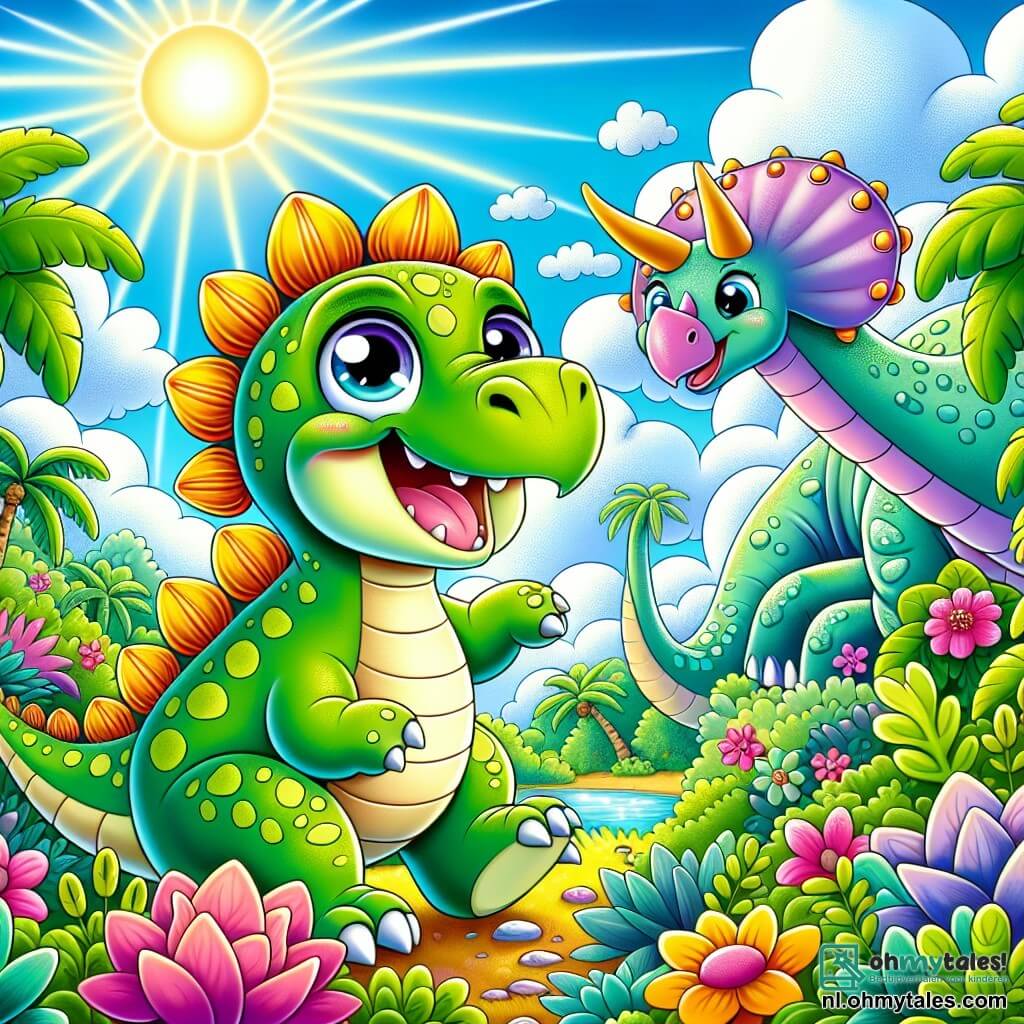 Een blije stegosaurus met een groene huid versierd met grote gele vlekken staat in het midden van de afbeelding, glimlachend met sprankelende ogen van opwinding. Hij bevindt zich op een magisch eiland, omringd door grote kleurrijke planten en schitterende bloemen, terwijl hij naar een majestueuze boom kijkt vol heerlijke bladeren. Rechts van hem springt een kleine triceratops, Trixie, met een roze huid en drie kleine hoorns op haar voorhoofd, van blijdschap, met stralende ogen. Op de achtergrond buigt een grote brachiosaurus genaamd Bella, met een lange nek en een blauwachtige huid, zich om de twee vrienden te groeten, met een vriendelijke glimlach op haar gezicht. De lucht is helderblauw, bezaaid met pluizige witte wolken, en de zon schijnt, die het geheel verlicht. De hoofdscene toont Stego en Trixie, opgetogen en klaar om het eiland vol verrassingen en lekkernijen te verkennen, omringd door hun nieuwe dinosaurvrienden.