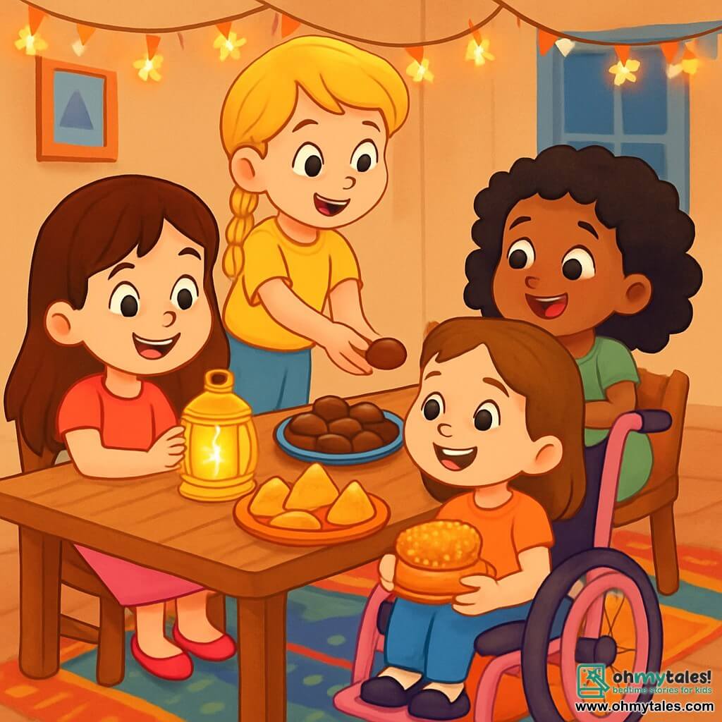 There are 4 children: - Lily: a 6-year-old girl with long brown hair, wearing a pink dress and a big smile. She is sitting at the table, holding a sparkling lantern. - Mia: a 6-year-old girl with braided blonde hair, wearing a yellow t-shirt and blue pants. She is next to Lily, passing dates to Emma. - Zoe: a 6-year-old girl with curly black hair, wearing a green dress. She is sitting across from Lily, taking a bite of a samosa with sparkling eyes. - Emma: a nearly 6-year-old girl with brown hair and a radiant smile, sitting in her pink wheelchair, holding a honey cake in her hands. She is surrounded by her friends, beaming with happiness. The setting takes place in Lily's dining room, decorated with fairy lights and colorful rugs. The wooden table is laden with delicious dishes: golden dates, crispy samosas, and shiny honey cakes, all under the soft light of a magical lantern that sparkles. The main scene shows the children joyfully sharing their meal, laughing and passing dishes, while the kindness lantern shines brightly at the center of the table, illuminating their happy faces and creating a warm and festive atmosphere.