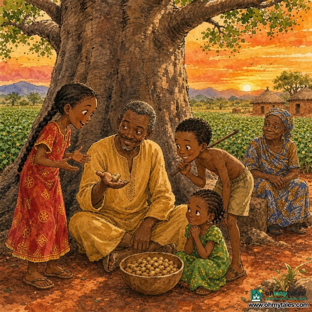 A man named Amadou, with a sly smile and kind gaze, sits cross-legged under a large baobab with brown skin, short graying hair and an ochre tunic, holding a single peanut on his palm as if sharing a secret; to his left stands Amina (≈9) with a long braid and a red dress with yellow patterns, hands open and joyful, looking at the peanut; to his right leans Karim (≈8) in khaki shorts with a playful smile and a stick on his shoulder, listening curiously; in the foreground sits little Fatou (≈7) with braided hair and a green dress, hands clasped and shyly bright, near a bowl of peanuts; behind them on a stone sits elderly Nana Kaba (≈65) in a woven pagne, watching with calm pride; they are in a vast peanut field of green plants and red earth beneath the thick-­trunked baobab casting a wide shadow, clay huts and distant hills under a warm orange late‑afternoon sky; the scene conveys communal play, warmth and curiosity, rendered with clean ink lines, warm watercolor washes and visible earth and bark textures.