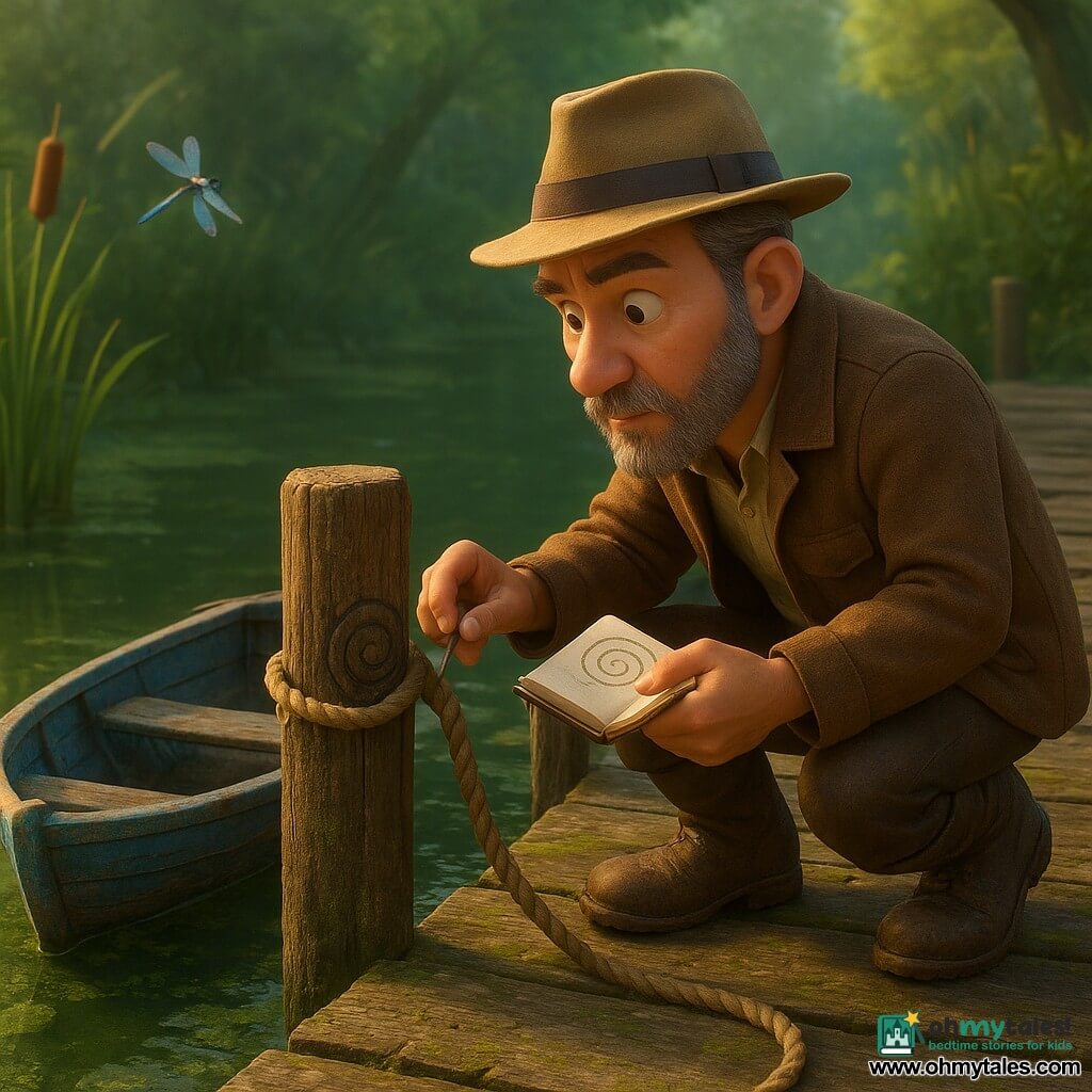 A roughly 45-year-old bearded explorer with graying hair, curious eyes and a furrowed brow wears a brown canvas jacket, beige felt hat and muddy boots; he is crouched, cautious, holding a rope and a small open notebook in which he sketches the spiral carved on a wooden post. No other people are present. A small worn wooden boat painted faded blue is tied to the jetty and rocks on water covered by silky emerald algae; tall reeds and blue-iridescent dragonflies line the narrow, calm canal. The scene has a green-tinted mood: an old wooden jetty with dark posts, mossy cracked planks, and low stones hidden under algae, soft light filtering through foliage. The main moment shows the explorer on the fragile jetty, lit by a sunbeam, gently pulling the rope to draw the boat closer while examining the spiral; the atmosphere evokes cautious discovery with detailed textures of wet wood, moss, flaking paint and water reflections.