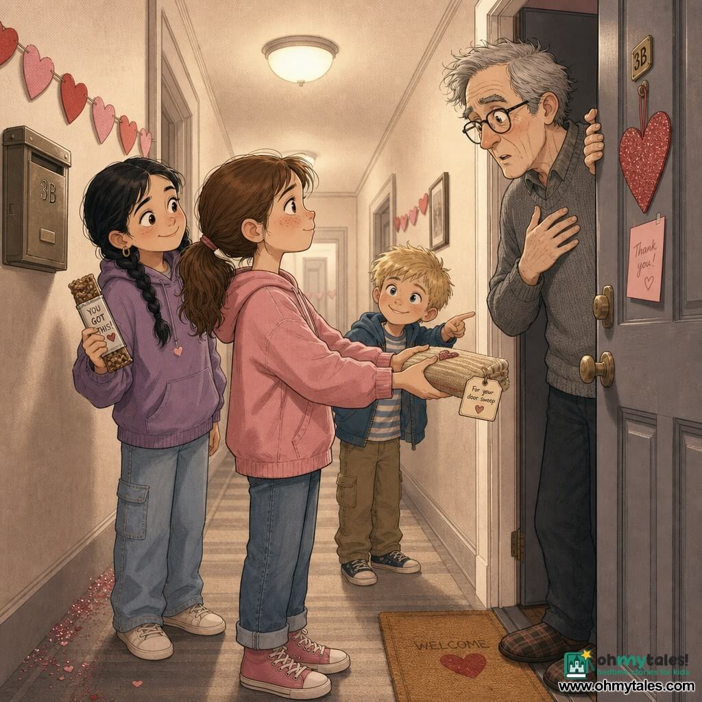 The main character is 12-year-old Mina, round-faced with light freckles and a brown ponytail, shy but resolute, holding a small beige fabric door sweep as a gift and offering it through an open door to Mr. Rusk; Mr. Rusk is about 60, tall and thin with gray hair and a usually stern face now surprised and softened, holding the door ajar. Behind Mina to the left stands 12-year-old Jada with braided black hair and an encouraging smile, holding a granola bar like a support flag; slightly to the rear right is 7-year-old Theo, small with tousled blond hair and bright eyes, pointing toward the door enthusiastically. The narrow apartment hallway has a beige striped carpet, cream walls with red and pink paper heart garlands, a metal mailbox and a sprinkling of glitter on the floor, with warm soft overhead lighting. The scene centers on Mina offering the gift to Mr. Rusk, conveying rapprochement and calm in a simple Valentine’s atmosphere. Graphic style: soft lines, warm pastel palette (pinks, beiges, soft grays), visible fabric textures, warm lighting and gentle shadows, benevolent family mood.