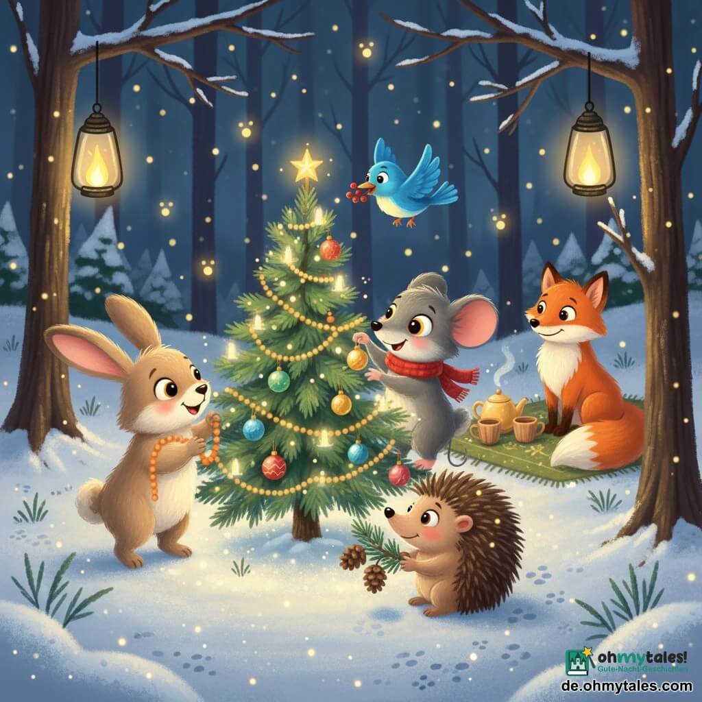 Eine kleine graue Maus (Max) mit runden, glänzenden Augen lächelt warm und trägt einen roten Schal, sie setzt eine goldene Kugel an einen kleinen beleuchteten Tannenbaum; links wickelt ein fröhlicher beiger Hase mit flauschigem Fell eine orangefarbene Girlande um den Baum, vorne hockt ein schüchterner, zufriedener Braun-Igel mit Zapfen, über dem Baum fliegt ein aufgeregter blaues Vögelchen mit roten Beeren im Schnabel, hinten sitzt ein sanfter, rotbrauner Fuchs mit einer dampfenden Teekanne und Holzbechern auf einem Moosteppich; die Szene spielt sich nachts in einer verschneiten Lichtung ab, beleuchtet von gelben Glühwürmchen und Glaslaternen an den Zweigen, mit funkelndem Schneehäubchen und kleinen Pfotenspuren – eine warme, zentrierte Komposition in kontrastreichen Farben (Rot, Blau, Gold, Grün) und weichen, leuchtenden Texturen, kindgerecht und gut lesbar.