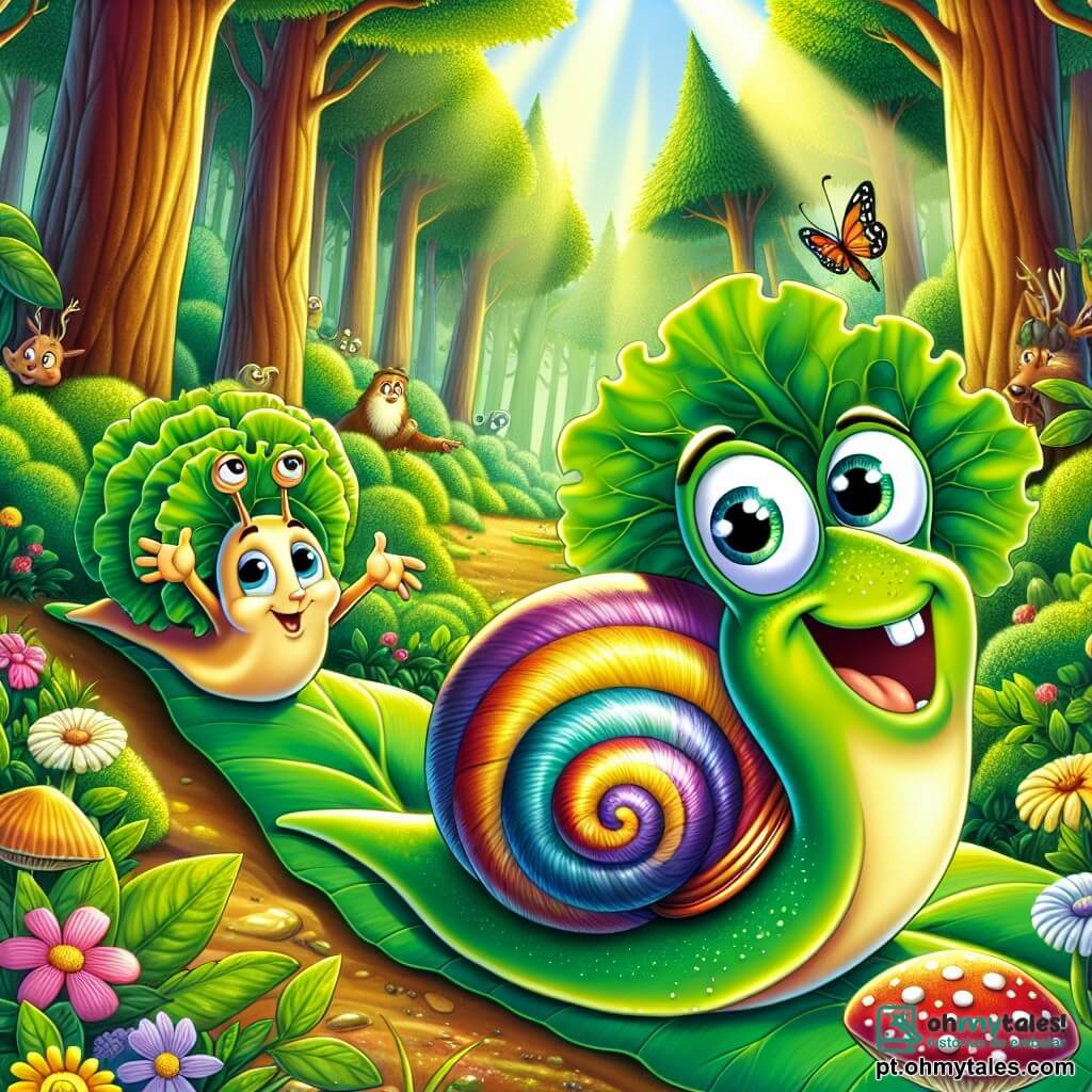 Um caracol chamado Pipo, com uma concha colorida em espiral e olhos brilhantes de curiosidade, desliza lentamente sobre uma folha verde brilhante, exibindo um largo sorriso de empolgação. Ao seu lado, um caracol chamado Tito, usando um chapéu de folha de alface, faz gestos entusiasmados, pronto para participar da corrida. Ao fundo, a floresta encantada está cheia de árvores de troncos grossos, flores vibrantes e raios de sol filtrando pelas folhas, criando uma atmosfera alegre e luminosa. A cena mostra Pipo e Tito se preparando para a primeira corrida de caracóis, cercados por animais curiosos, todos ansiosos para ver quem será o vencedor.