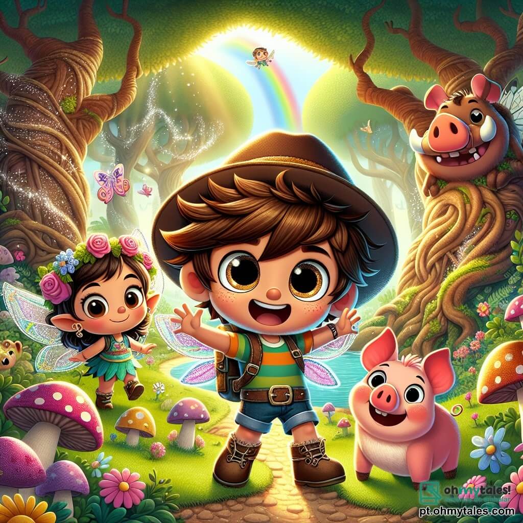 Um garoto de 6 anos, Lucas, com cabelos castanhos bagunçados e olhos brilhantes de curiosidade, está no centro da cena. Ele usa um pequeno chapéu de aventureiro e uma camiseta colorida, exibindo uma expressão de determinação e empolgação enquanto levanta os braços, pronto para enfrentar o desafio que o aguarda. Ao seu lado, uma pequena fada chamada Lúcia, com cerca de 5 anos, com asas cintilantes e um vestido feito de pétalas de flores, voa alegremente ao seu redor, sorrindo com esperança. Um porquinho travesso chamado Tico, um animal pequeno com grandes orelhas e pelagem rosa, está perto de Lucas, exibindo uma expressão brincalhona, pronto para pular na aventura. O cenário é uma floresta mágica, com árvores gigantescas de troncos retorcidos, cujas folhas brilhantes são iluminadas por raios de sol que filtram através dos galhos. Flores coloridas e cogumelos de formas estranhas salpicam o chão, enquanto um caminho em arco-íris serpenteia pelo encantador cenário. A situação principal mostra Lucas, Lúcia e Tico unidos, cantando juntos para acalmar um dragão maligno, cujas escamas negras brilham sob a luz dourada. O dragão, intrigado pelo canto deles, para, seus olhos suavizando enquanto escuta a melodia mágica que ressoa na floresta.