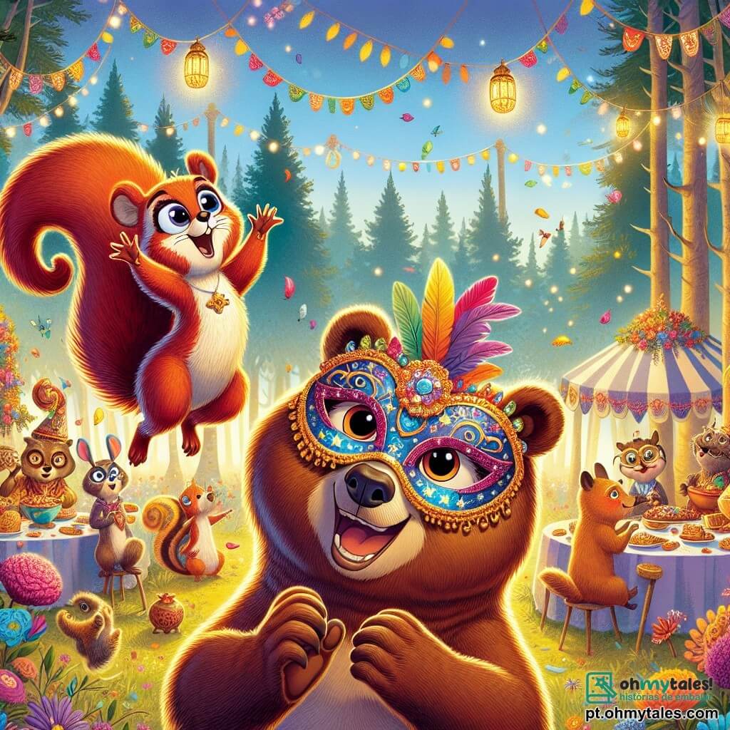 Um urso curioso e alegre chamado Tobias, com pelagem marrom e olhos brilhantes, flutua no ar, usando uma linda máscara colorida adornada com estrelas e luas, enquanto dança com um grande sorriso no rosto. Ao seu lado, uma pequena esquilo chamada Lila, com pelagem ruiva e cauda espessa, o observa com admiração, os olhos arregalados, aplaudindo com entusiasmo. Ao fundo, um grupo de animais da floresta, como pássaros coloridos e roedores, dança e ri ao redor de uma grande mesa cheia de guloseimas, sob guirlandas de flores e lanternas brilhantes. A cena acontece em uma clareira ensolarada, cercada por árvores majestosas e flores vibrantes, onde a atmosfera é festiva e cheia de alegria. Tobias, com sua magia, proporciona um momento inesquecível de carnaval, onde todos os animais celebram juntos em um clima de felicidade e amizade.