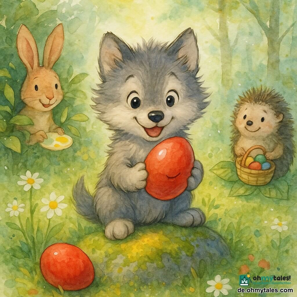 Die Hauptfigur ist ein kleiner grauer Wolf namens Wolli mit weichem, zerzaustem Fell und großen leuchtenden Augen, der in seinen Vorderpfoten vorsichtig ein warmes rotes Ei hält; ein rotes Ei rollt an seiner Pfote entlang und liegt mit einem kleinen rissähnlichen „Lächeln“ auf einem moosbedeckten Felsen. Ein hellbrauner Hase mit langen Ohren schaut links aus einem Busch, neugierig und lächelnd, eine kleine gelb befleckte Malpalette haltend; rechts sitzt ein stacheliger, schüchterner, zufriedener Igel auf einem Blatt mit einem Körbchen voller bunter Eier. Die Szene spielt in einer Waldlichtung am Morgen mit taufrischen Blättern, grünem Gras, weißen und gelben Blumen, einem moosigen Stein mit gelber Farbklecks und sanften Sonnenstrahlen, insgesamt eine improvisierte Osterfeier im Wald mit sanfter, farbiger Stimmung, Rot-Grün-Kontrast und zarten Aquarelltexturen mit kontrollierten Farbspritzern.