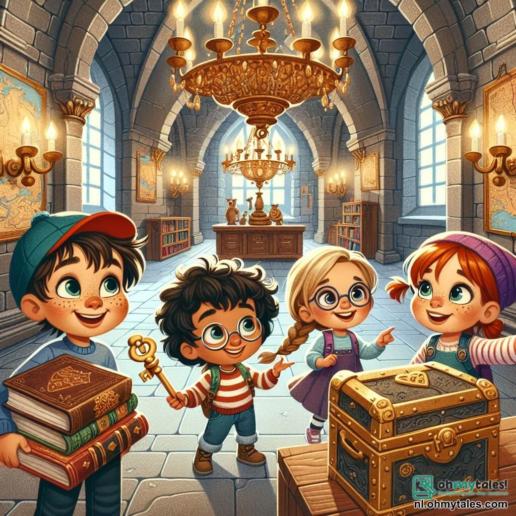 In een grote kasteelzaal staan vier kinderen bij elkaar, omringd door oude boeken en kleurrijke kaarten. Sam, een vijfjarig jongetje met rommelig bruin haar en een stralende glimlach, houdt een grote gouden sleutel in zijn hand en kijkt verwonderd om zich heen. Emma, een vijfjarig meisje met gevlochten blond haar en ronde bril, wijst naar een kaart aan de muur, met een nieuwsgierige blik in haar ogen. Max, een vijfjarig jongetje met zwart haar en een rode pet, zit op de grond naast een oude kist, opgewonden om deze te openen. Lotte, een vijfjarig meisje met rood haar en sproeten, staat met gekruiste armen en glimlacht, terwijl ze haar vrienden aanmoedigt om de magie van het kasteel te ontdekken. De ruimte is een oud kasteel met grijze stenen muren, gouden kroonluchters die aan het plafond hangen en grote ramen die zonlicht binnenlaten, waardoor de kamer warm verlicht wordt. De belangrijkste situatie toont de kinderen die een mysterieuze kist in het midden van de zaal ontdekken, gevuld met kostbare stenen en glinsterende schatten, wat hun magische avontuur en vriendschap symboliseert.