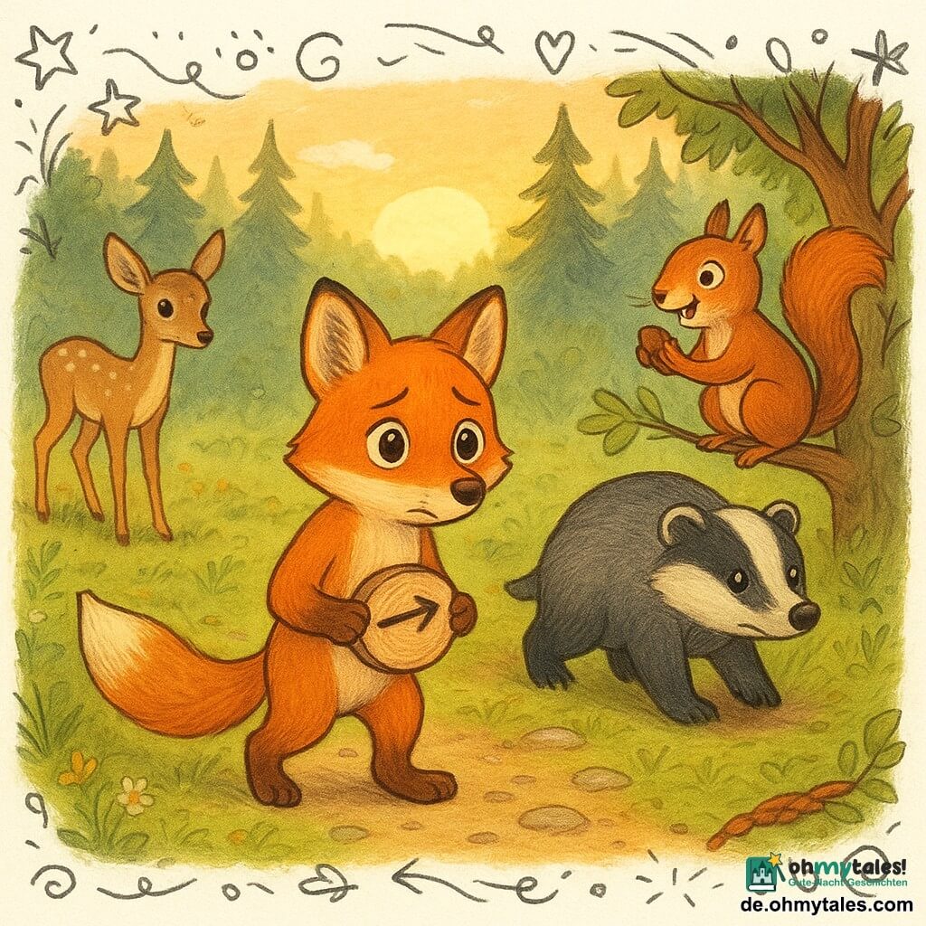 Ein junger Rotfuchs (Hauptfigur) mit glänzendem Fell und weißen Flecken am Schnauzenansatz, schüchtern-entschlossener Blick, hält eine kleine Holzscheibe mit Pfeil und steht am Rand einer Lichtung, zögernd, aber startbereit; ein stämmiger, ernster Dachs (Nebenfigur) mit schwarz-grauem Fell trottet ermutigend hinter ihm und weist mit der Schnauze einen mit kleinen Steinen markierten Pfad; ein flinker Eichhörnchen (Nebenfigur) mit leuchtend rotem Fell, schelmischem Lächeln, auf einem niedrigen Ast rechts, hält eine Haselnuss und "klatscht" mit dem Schwanz, Blick auf den Fuchs; ein junger, graziler Rehbock (Nebenfigur) mit beige gesprenkeltem Fell steht links auf der Lichtung, sanft-neugierig und bereit zu springen; die Lichtung: weicher, moosiger Boden mit Fichtennadeln, wenige zerkratzte Steine, niedrige Gräser und Wildblumen, orange Sonnenuntergangslicht zwischen Fichtenstämmen, kleine Beerengirlanden und ein geflochtenes Band am Boden; Situation: Entscheidungs-Moment vor einem freundlichen Waldrennen — der Fuchs zögert, fasst Mut und stürzt sich auf einen gewundenen Pfad, warme, aufgeregte, festliche Stimmung.
