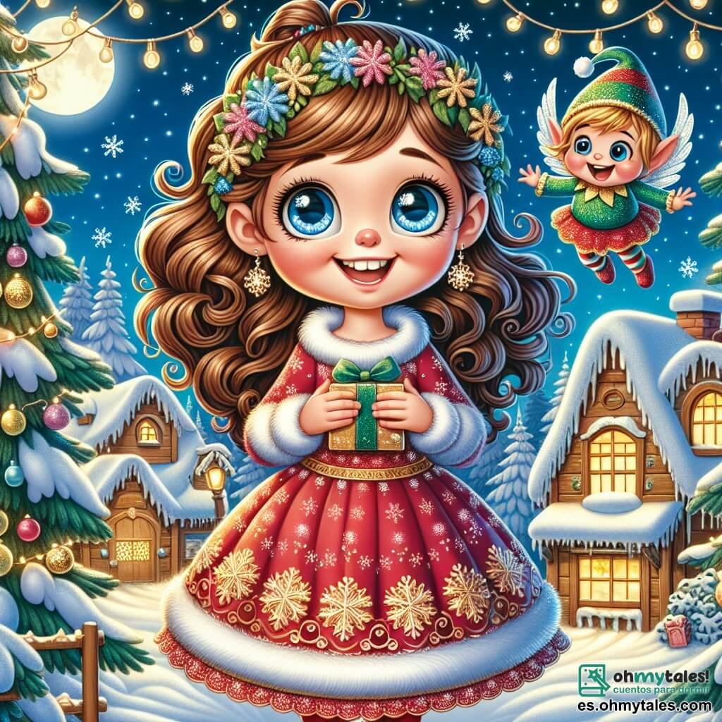 Una niña de 9 años, Clara, se encuentra en el centro de la imagen, con grandes ojos azules brillantes de alegría y cabello rizado castaño, vestida con un bonito vestido rojo con motivos de copos de nieve. Sonríe ampliamente, con las mejillas sonrojadas por el frío, y sostiene una pequeña caja de regalo en sus manos, lista para ofrecerla. A su lado, un pequeño duende llamado Lumi, que mide apenas 30 cm, con alas brillantes y un traje verde adornado con hojas doradas, vuela alegremente alrededor de Clara, riendo y gesticulando con entusiasmo. En el fondo, se despliega un hermoso paisaje invernal: un pintoresco pueblo con casas de madera cubiertas de nieve, iluminadas por guirnaldas coloridas, y majestuosos abetos decorados con bolas brillantes. La luna ilumina suavemente la escena, añadiendo un toque de magia a la atmósfera. La situación principal muestra a Clara y Lumi distribuyendo regalos a los niños del pueblo, rodeados de risas y alegría, mientras copos de nieve caen suavemente a su alrededor, creando un ambiente festivo y cálido.