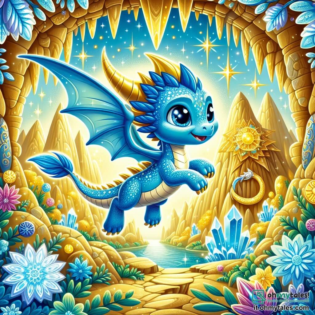 Un giovane drago dalle squame blu vivace e dagli occhi brillanti come stelle, fluttua nell'aria con un'espressione di determinazione sul volto, pronto a entrare in una caverna scintillante. All'ingresso, un grande drago dorato, maestoso e saggio, lo osserva con un sorriso benevolo, le sue squame luccicanti riflettono la luce del Cristallo della Luce. Il paesaggio è incantevole, con montagne dorate sullo sfondo, fiori colorati che danzano al vento e un cielo stellato che illumina la scena con una dolce luminosità. Il giovane drago è sul punto di affrontare la sfida del Guardiano per ottenere il Cristallo, simbolo di gioia e avventura nel regno di Luminalia.