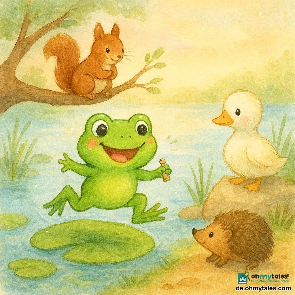Eine glänzend grüne, runde, schelmische kleine Froschfrau mit großen lachenden Augen hält einen winzigen goldenen Pfiff zwischen den Fingern, springt auf ein zitterndes grünes Blatt, lächelt breit und rötet leicht die Wangen; eine weiß-gelbe Ente mit flauschigem Gefieder steht etwas zurück auf einem warmen Felsen am Teichrand, den Kopf neugierig geneigt; ein rotbraunes Eichhörnchen mit funkelnden Augen hockt auf einem niedrigen Ast und kichert; ein stacheliger, freundlicher Igel rollt gemächlich auf dem nahen Erdweg; der Teich glitzert mit dünnen grünen Schilfhalmen, warmen beigen Steinen und großen Seerosen auf klarem blauem Wasser, der Himmel ist pastellfarben und das Licht sanft wie bei Sonnenuntergang; die Szene: der Frosch hat gerade den goldenen Pfiff gedrückt, springt zu hoch, landet auf einem rutschigen Blatt und beginnt lachend auszurutschen, während die Freunde amüsiert und überrascht zusehen.