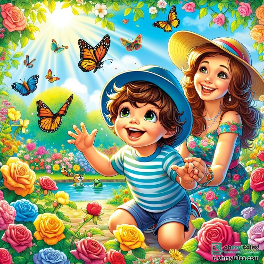 Un bambino di 2 anni, di nome Luca, con capelli castani disordinati e grandi occhi curiosi, si trova in un giardino colorato. Indossa un cappellino blu e una camicia a righe, sorridendo mentre osserva una bella farfalla che vola tra i fiori. Accanto a lui, sua madre, una donna di circa 30 anni con lunghi capelli castani e un sorriso caloroso, è accovacciata ad ammirare i fiori. Indossa un vestito leggero con motivi floreali e tiene un piccolo taccuino da disegno in mano. Il giardino è un vero e proprio quadro primaverile, pieno di fiori dai colori vivaci: rose, gialli e blu, con farfalle che danzano nell'aria. Sullo sfondo, un piccolo stagno scintilla al sole, dove le rane saltano allegramente. La scena principale mostra Luca, affascinato, mentre segue la farfalla che danza da un fiore all'altro, mentre sua madre lo incoraggia con uno sguardo benevolo, creando un'atmosfera di gioia e scoperta.