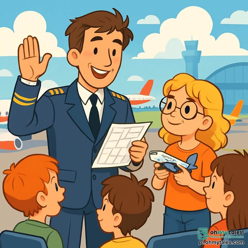 Pilot samolotu, mężczyzna w wieku około czterdziestu lat, uśmiechnięty i pewny siebie, nosi granatowy mundur z złotymi pagonami. Jego brązowe włosy są lekko rozczochrane przez wiatr, a w jednej ręce trzyma mapę lotu, podczas gdy druga jest uniesiona w geście powitania. Obok niego stoi dziesięcioletnia dziewczynka o blond, kręconych włosach, nosząca okulary, która z zachwytem się przygląda. Trzyma mały model samolotu z plastiku i stoi nieco z tyłu, zafascynowana pilotem. W tle widać ruchliwe lotnisko z kolorowymi samolotami stojącymi na płycie, błyszczącymi metalowymi hangarami i białymi, puszystymi chmurami na jasnoniebieskim niebie. Scena przedstawia pilota entuzjastycznie tłumaczącego dzieciom swój zawód, podczas gdy grupa młodych uczniów, siedząc na krzesłach, uważnie go słucha, z oczami błyszczącymi z ekscytacji.