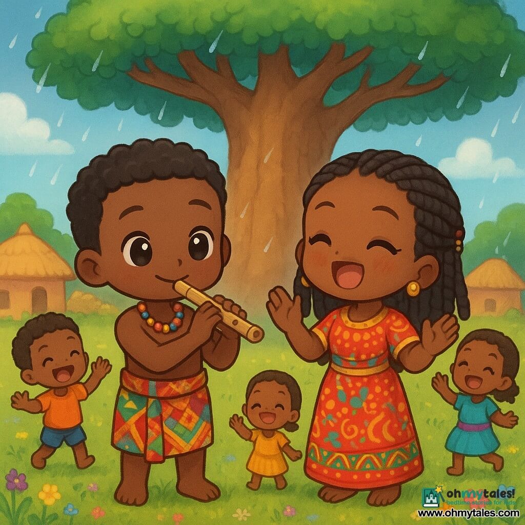 A young African man, Kofi, plays the flute with a serene smile, his eyes sparkling with joy. He wears a colorful loincloth and a bead necklace, and his hair is short and curly. Next to him, a young African woman, Awa, around 20 years old, sings enthusiastically, clapping her hands to the rhythm. She wears a traditional dress with vibrant patterns and has braids adorned with beads. They stand under a large baobab tree with wide leafy branches, surrounded by children dancing joyfully, their faces lit up with laughter. The sky is blue with a few white clouds, and the ground is dotted with colorful wildflowers. The main scene shows the village in the background, with thatched-roof houses and brightly painted pots, as the rain begins to fall gently, creating an atmosphere of celebration and sharing.